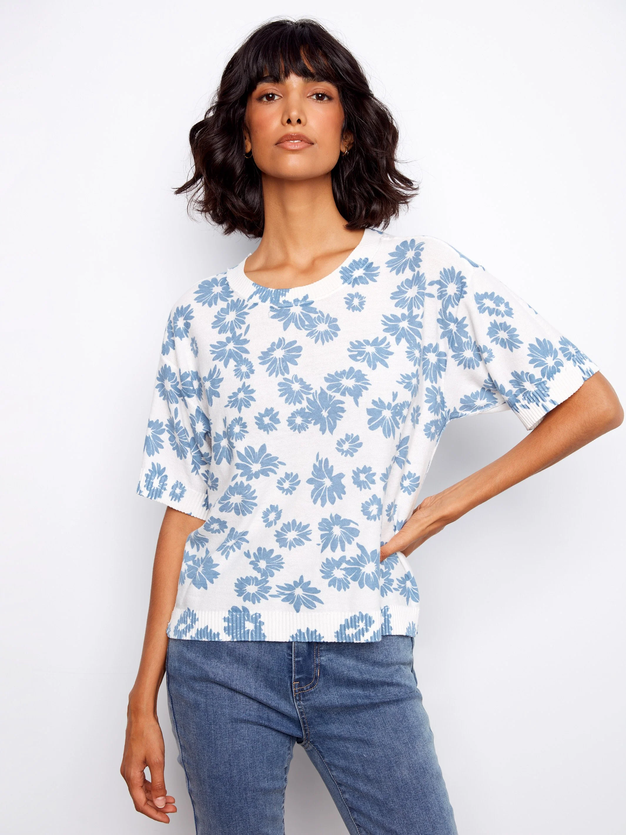 Reversible Short Sleeve Printed Sweater - Petals - Image 5