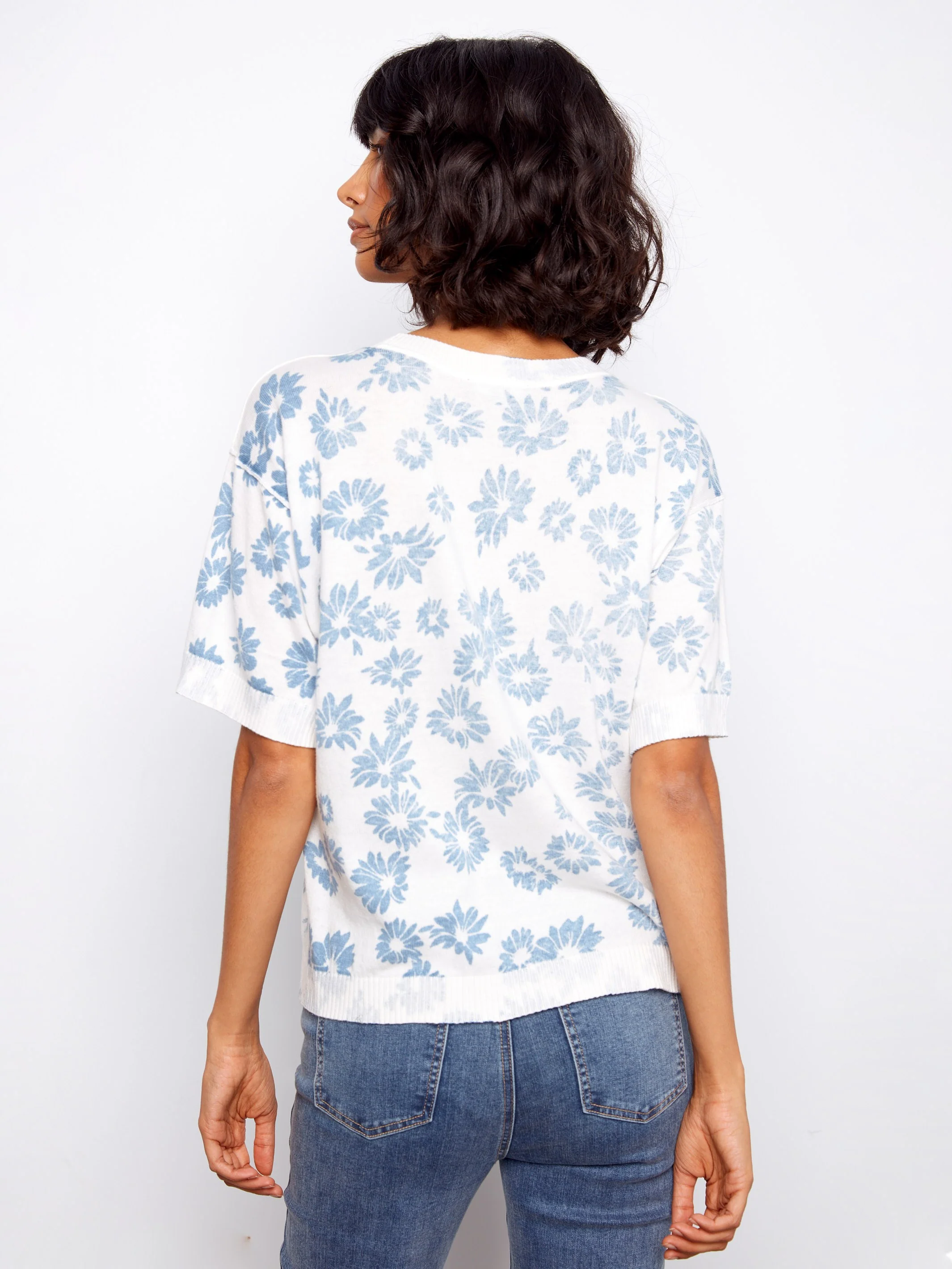 Reversible Short Sleeve Printed Sweater - Petals - Image 7