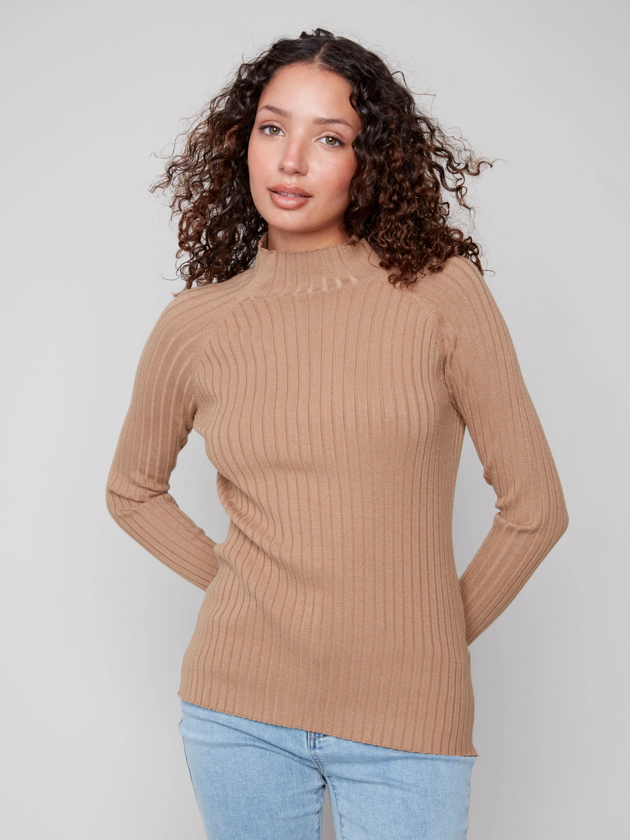 Ribbed Knit Mock Neck Sweater - Truffle