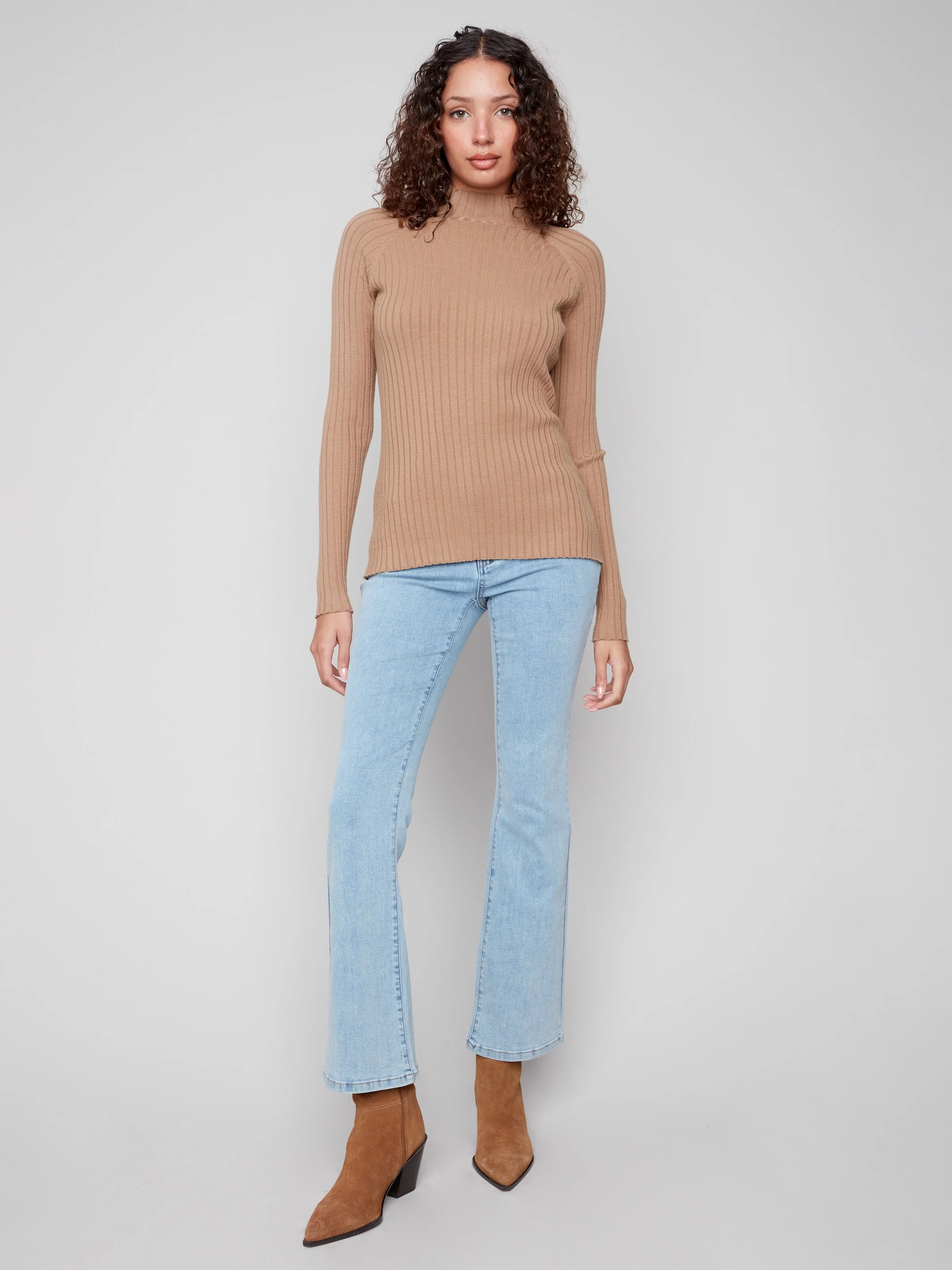 Ribbed Knit Mock Neck Sweater - Truffle - Image 2