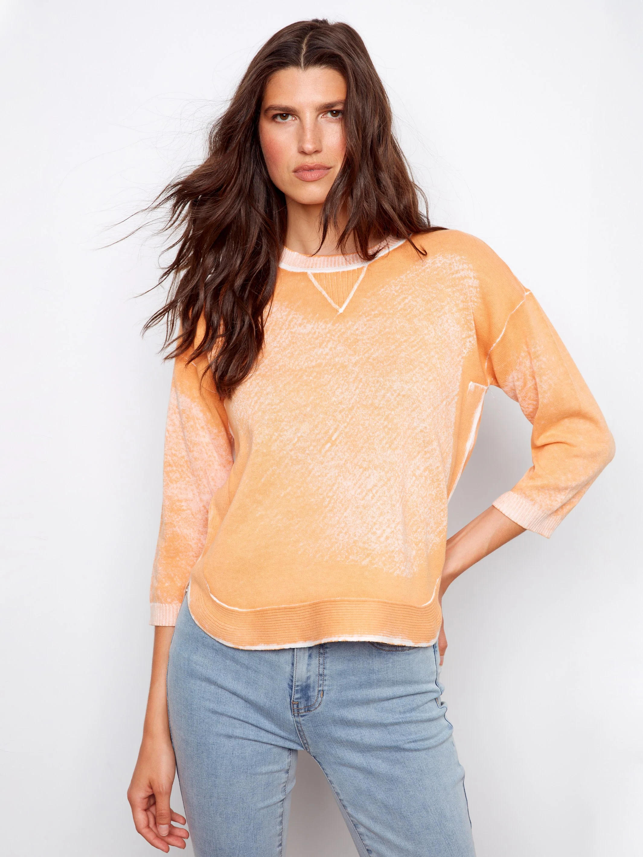 Rounded Hem Cotton Sweater - Apricot - Image 3
