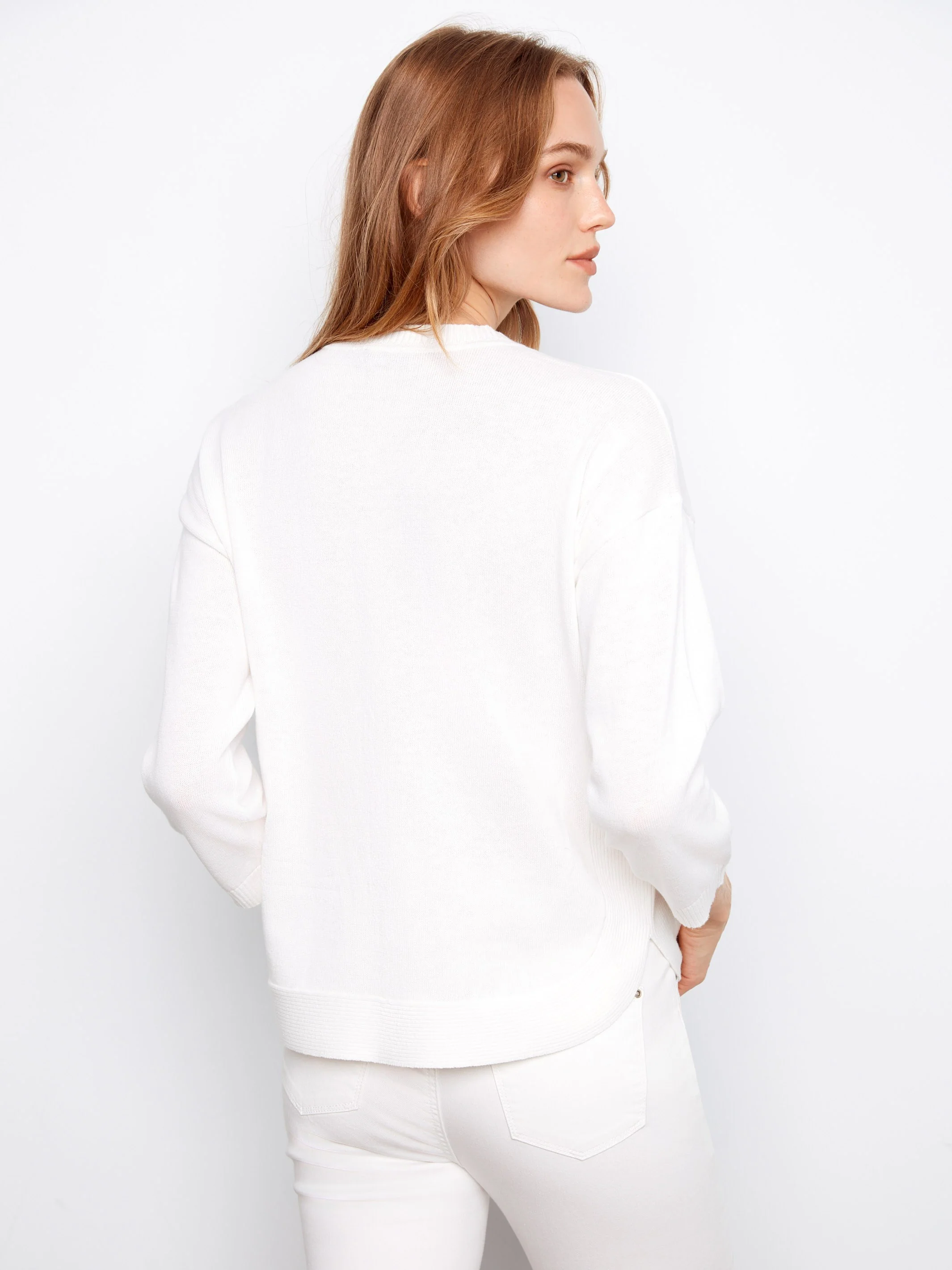 Rounded Hem Cotton Sweater - White - Image 4