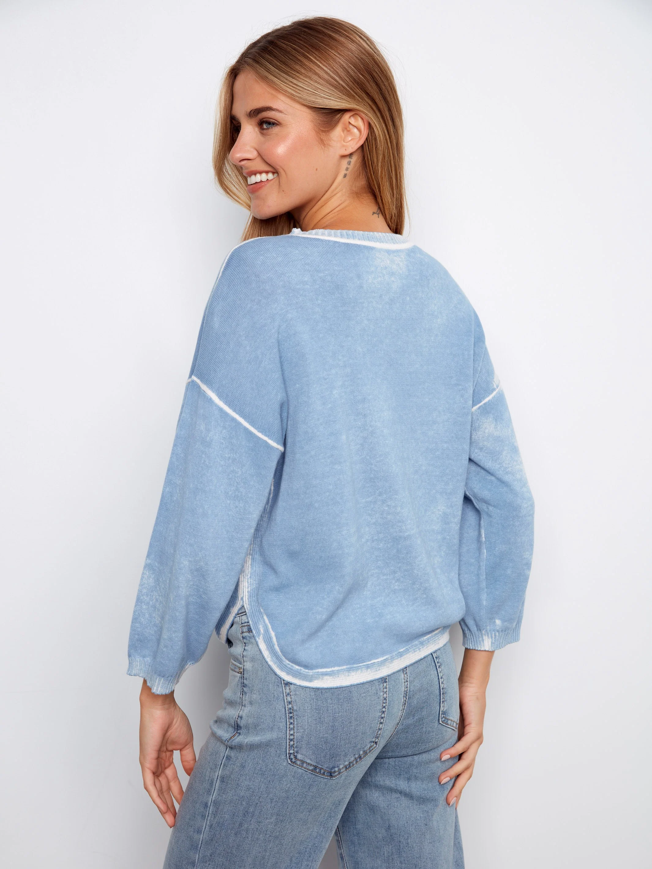 Rounded Hem Cotton Sweater - Bluebell - Image 5