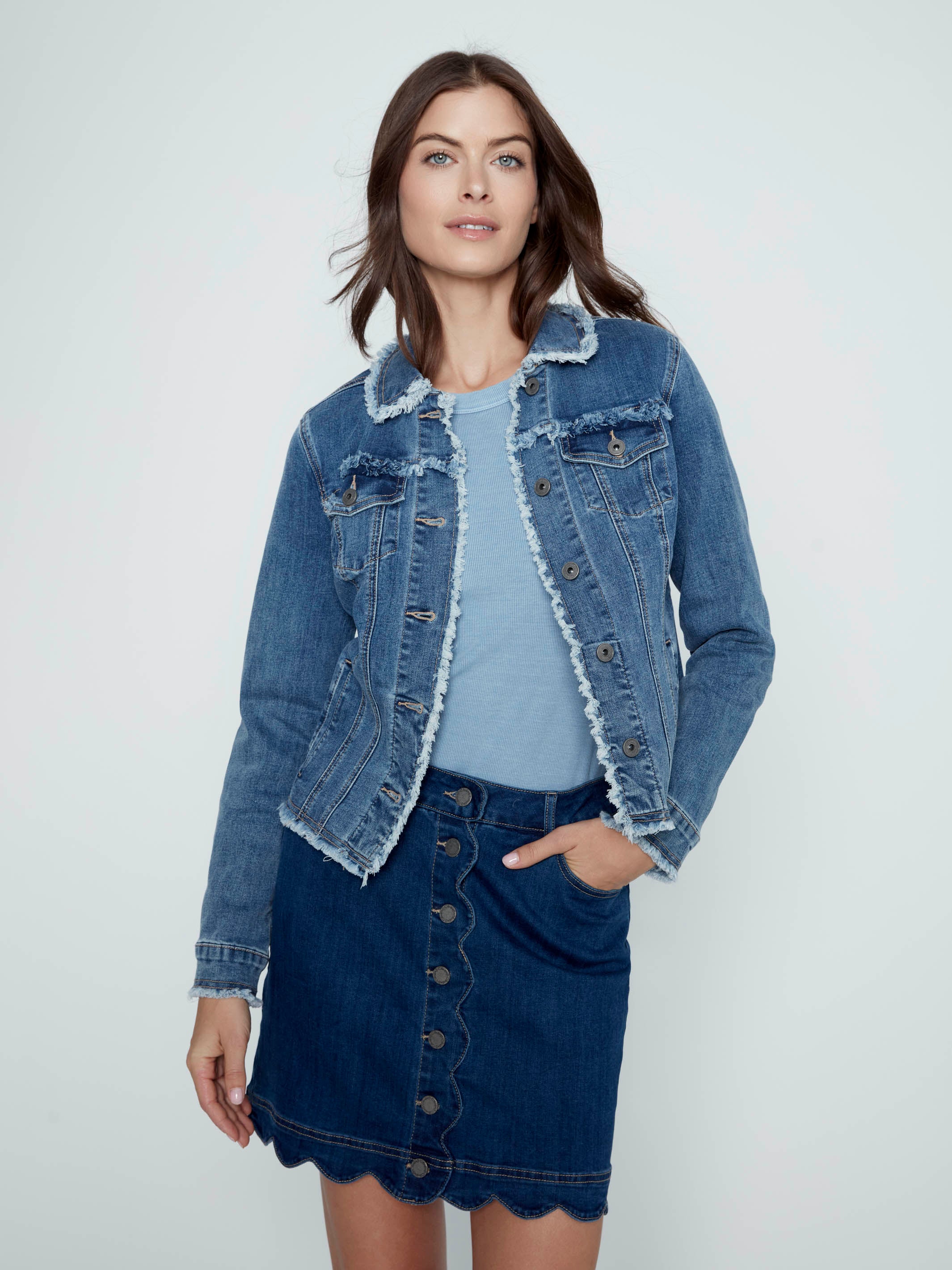 Scalloped Hem Button-Front Denim Skort - Indigo - Image 10