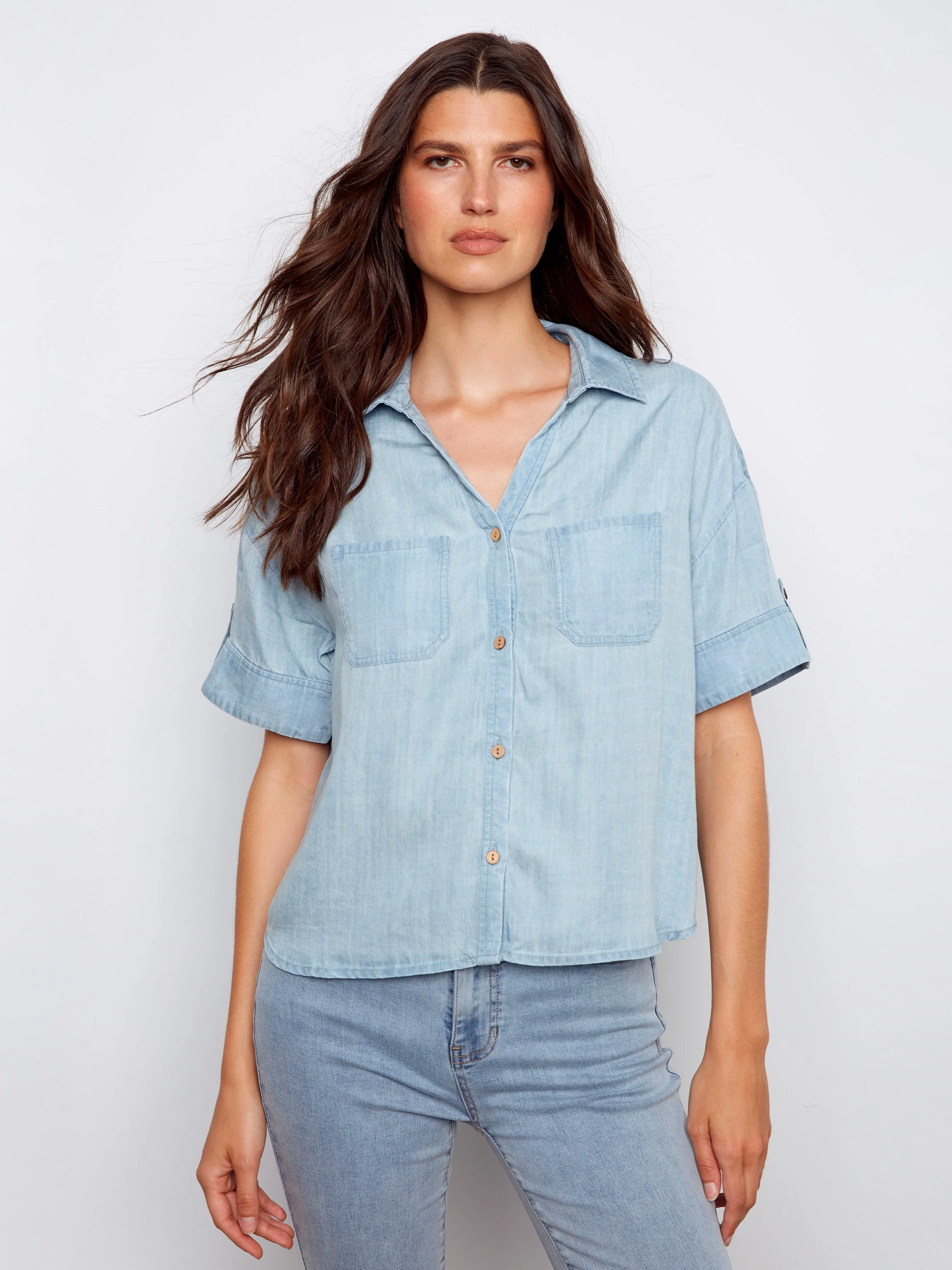 Short Sleeve Button-Front Tencel Shirt - Light Blue - Image 3