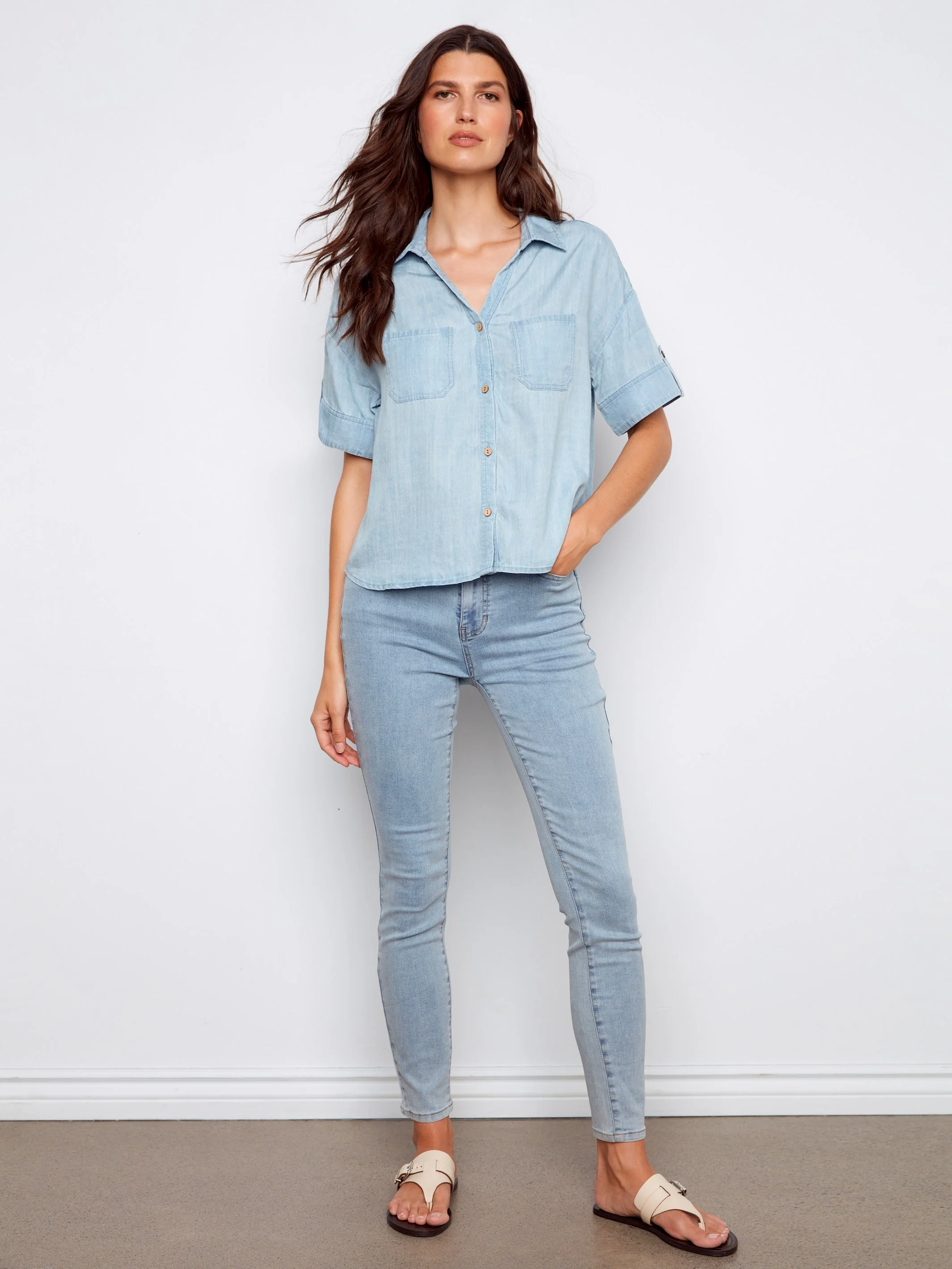 Short Sleeve Button-Front Tencel Shirt - Light Blue - Image 4