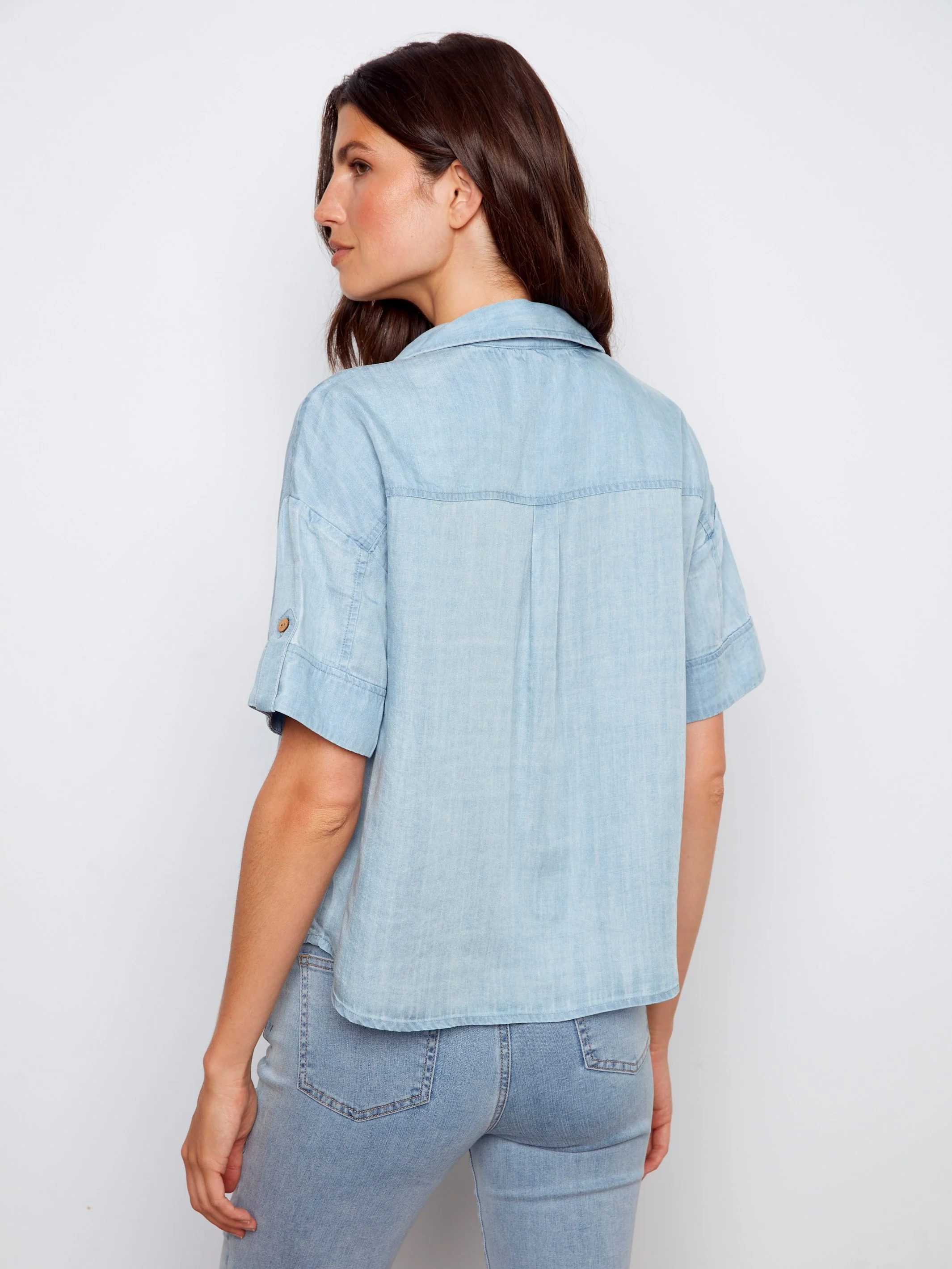 Short Sleeve Button-Front Tencel Shirt - Light Blue - Image 5