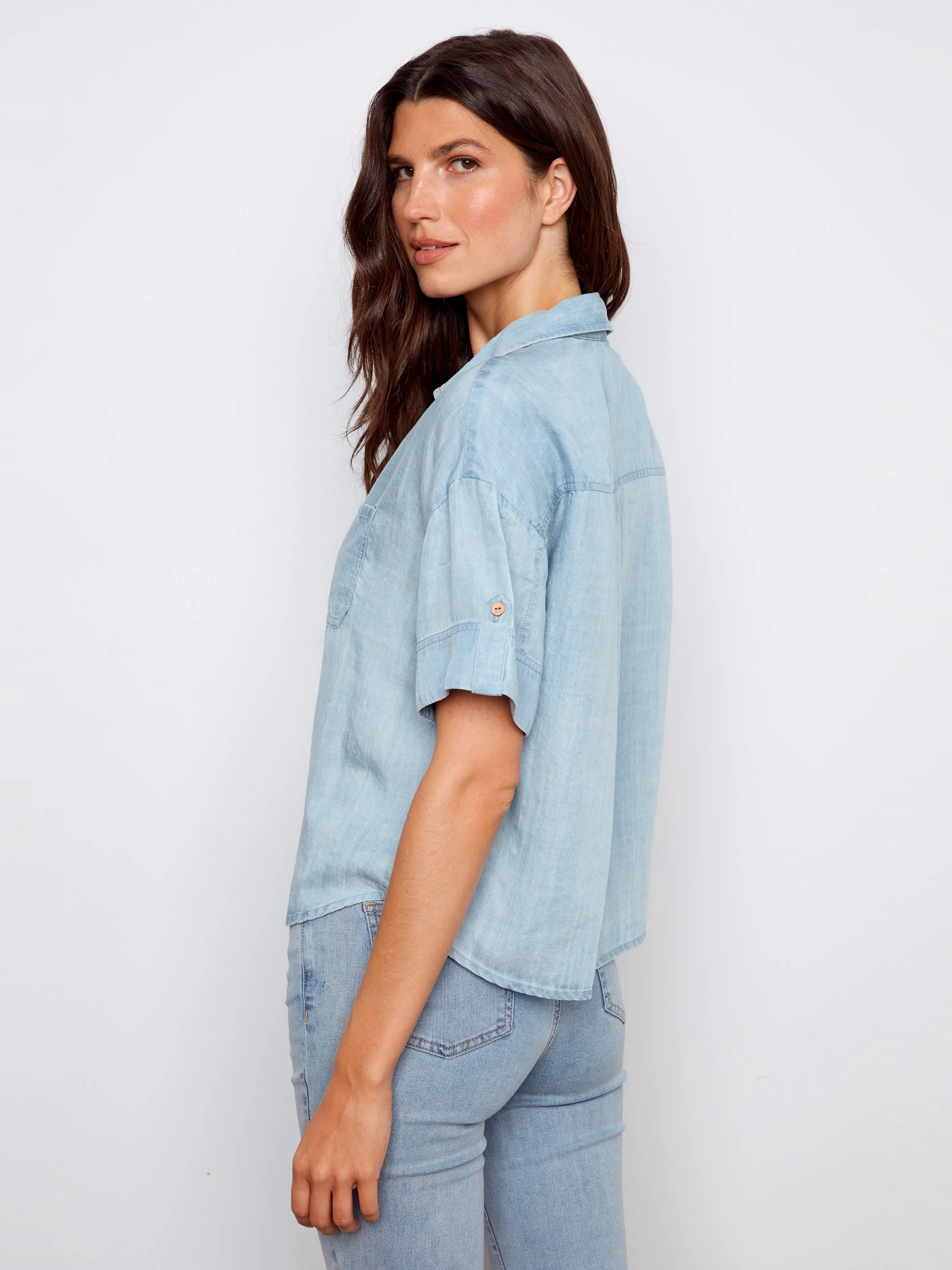 Short Sleeve Button-Front Tencel Shirt - Light Blue - Image 6
