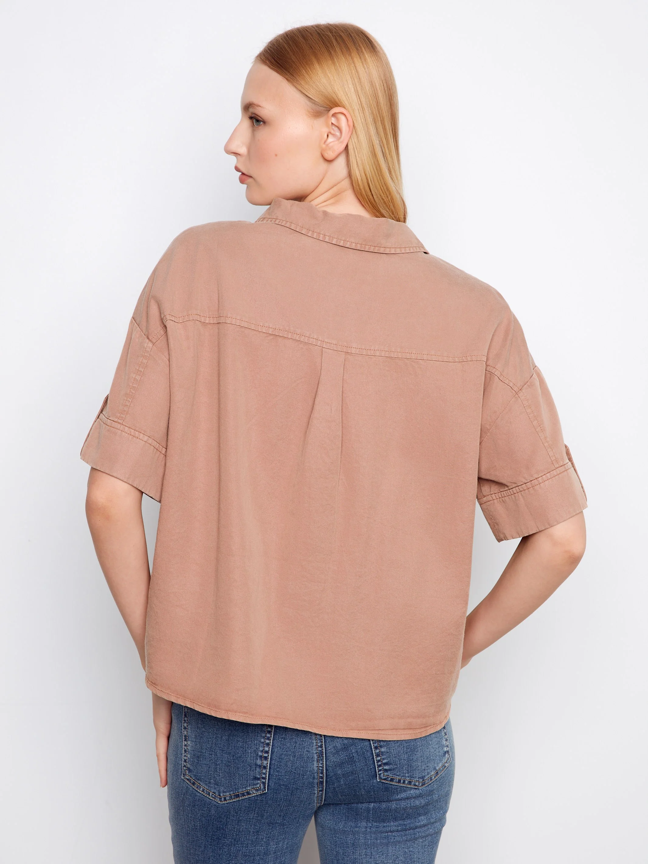 Short Sleeve Button-Front Tencel Shirt - Desert - Image 3