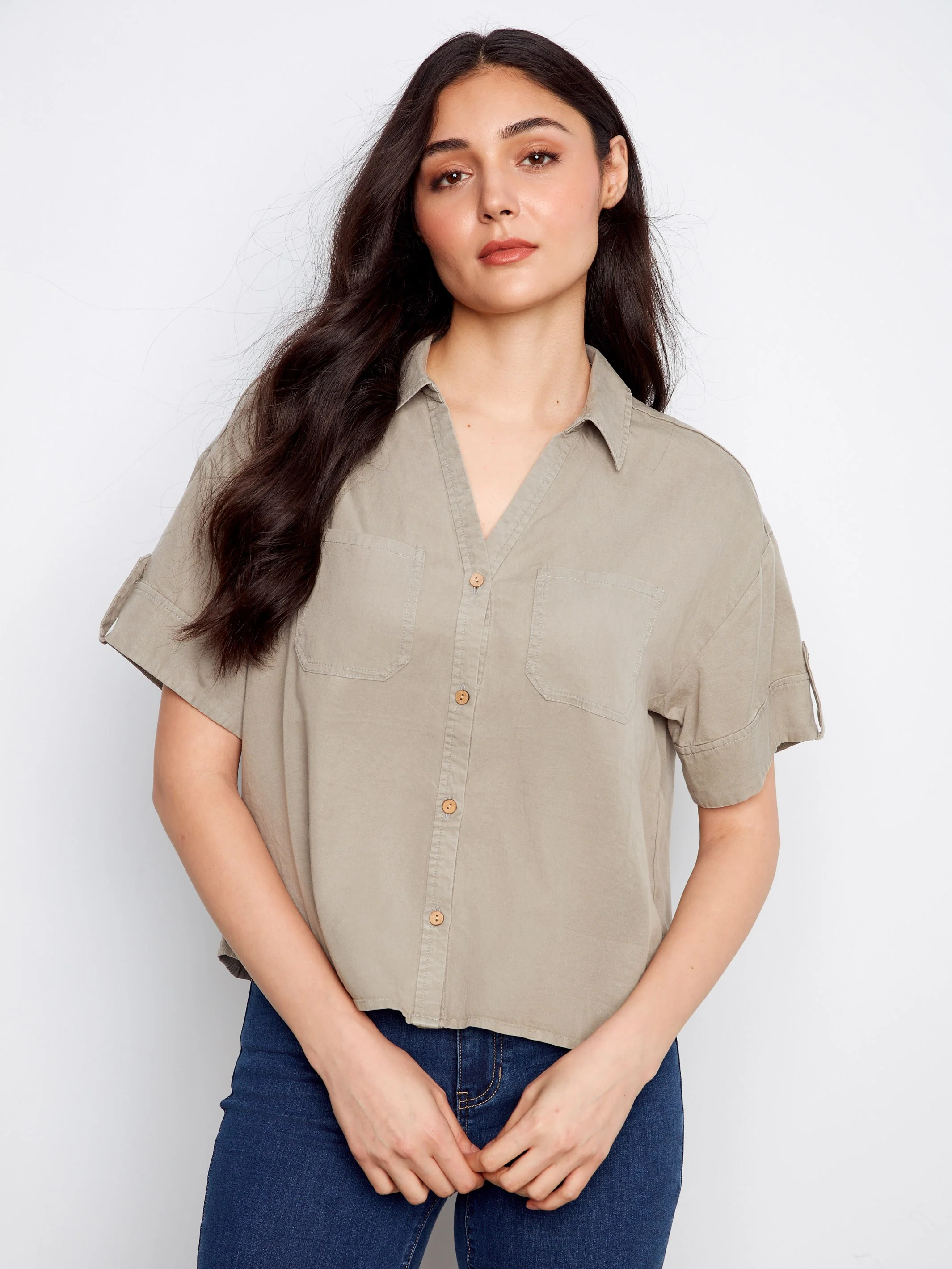 Short Sleeve Button-Front Tencel Shirt - Sage