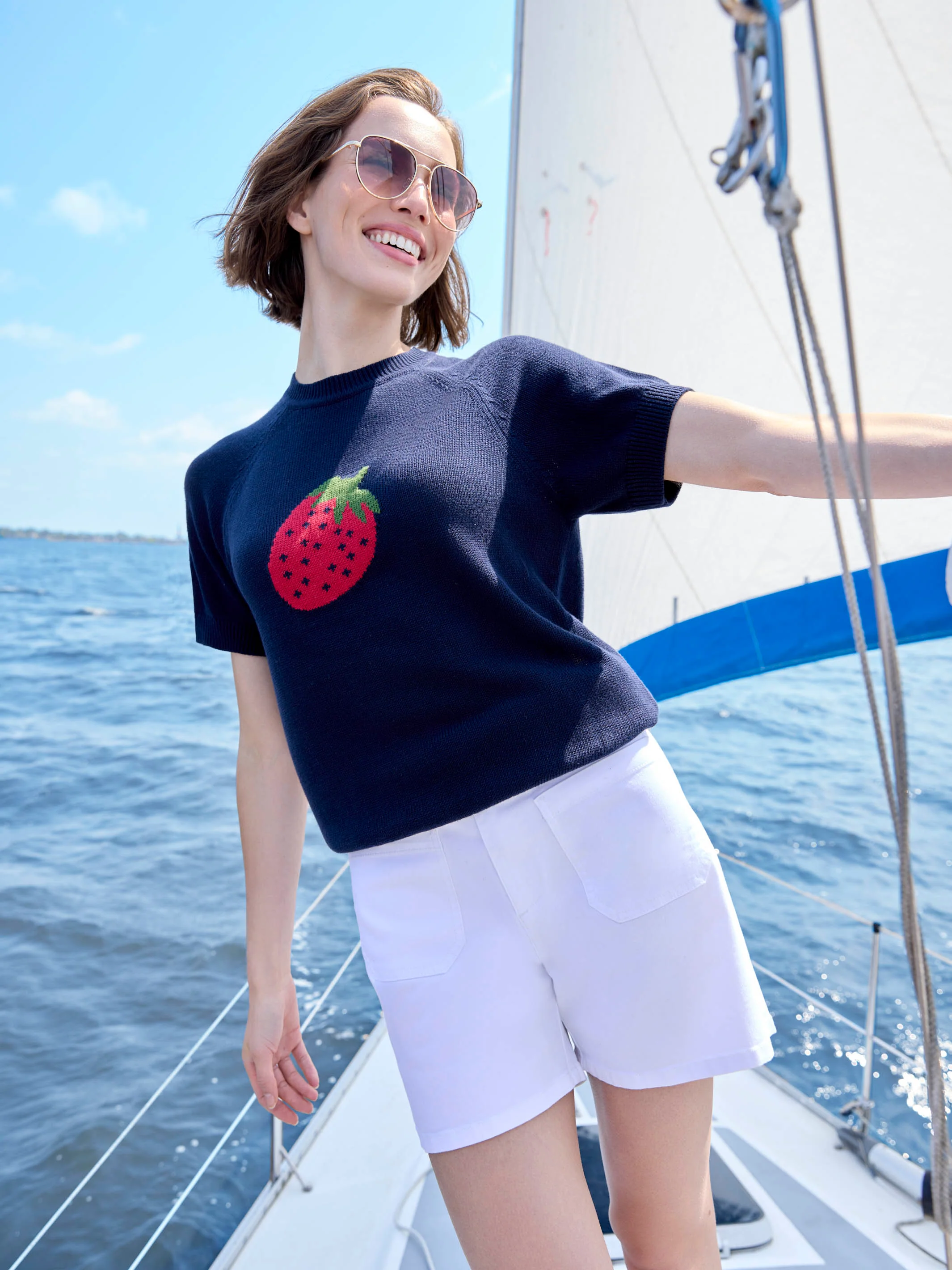 Short Sleeve Cotton Knit Top - Navy - Image 10