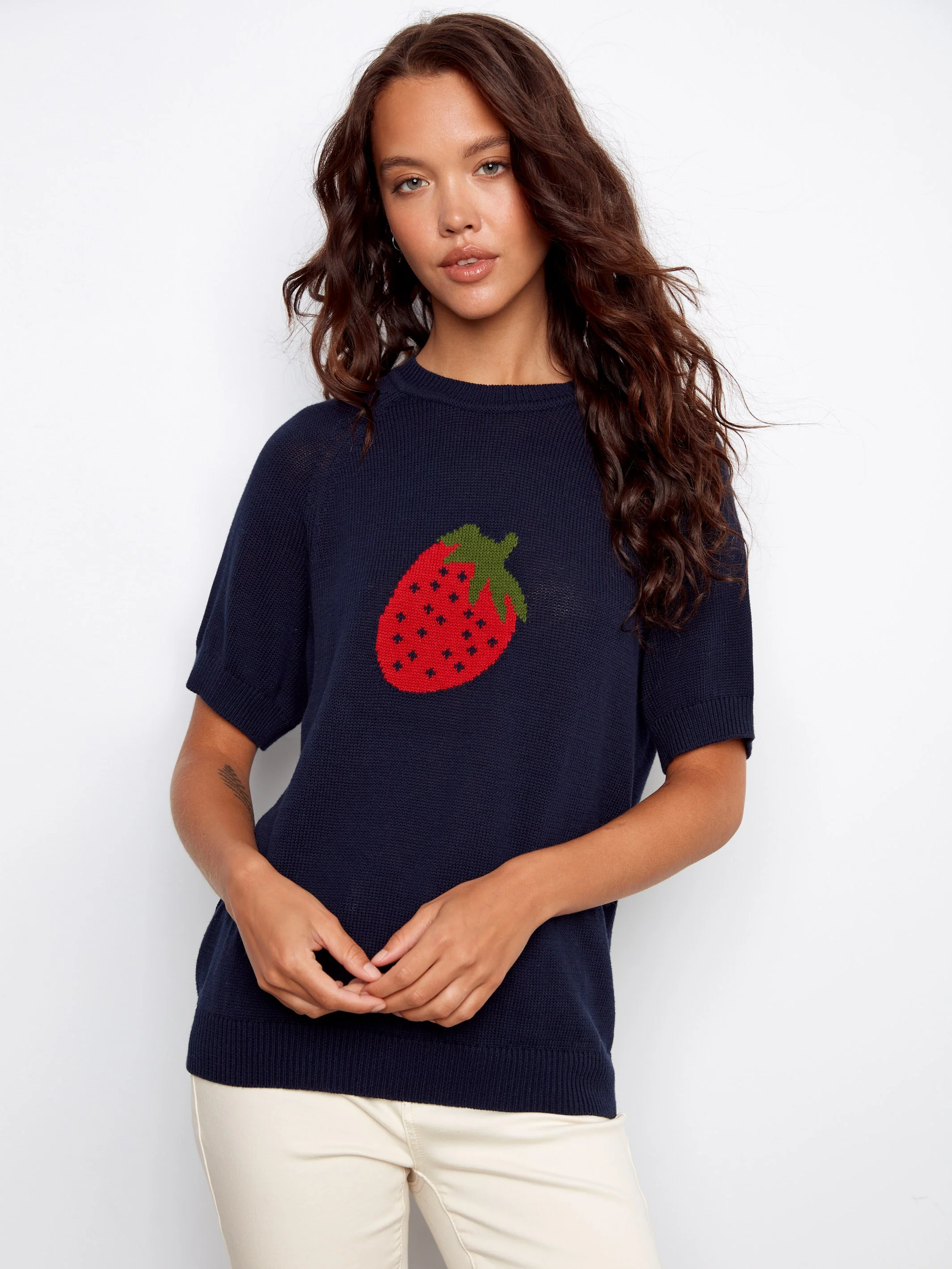 Short Sleeve Cotton Knit Top - Navy - Image 2