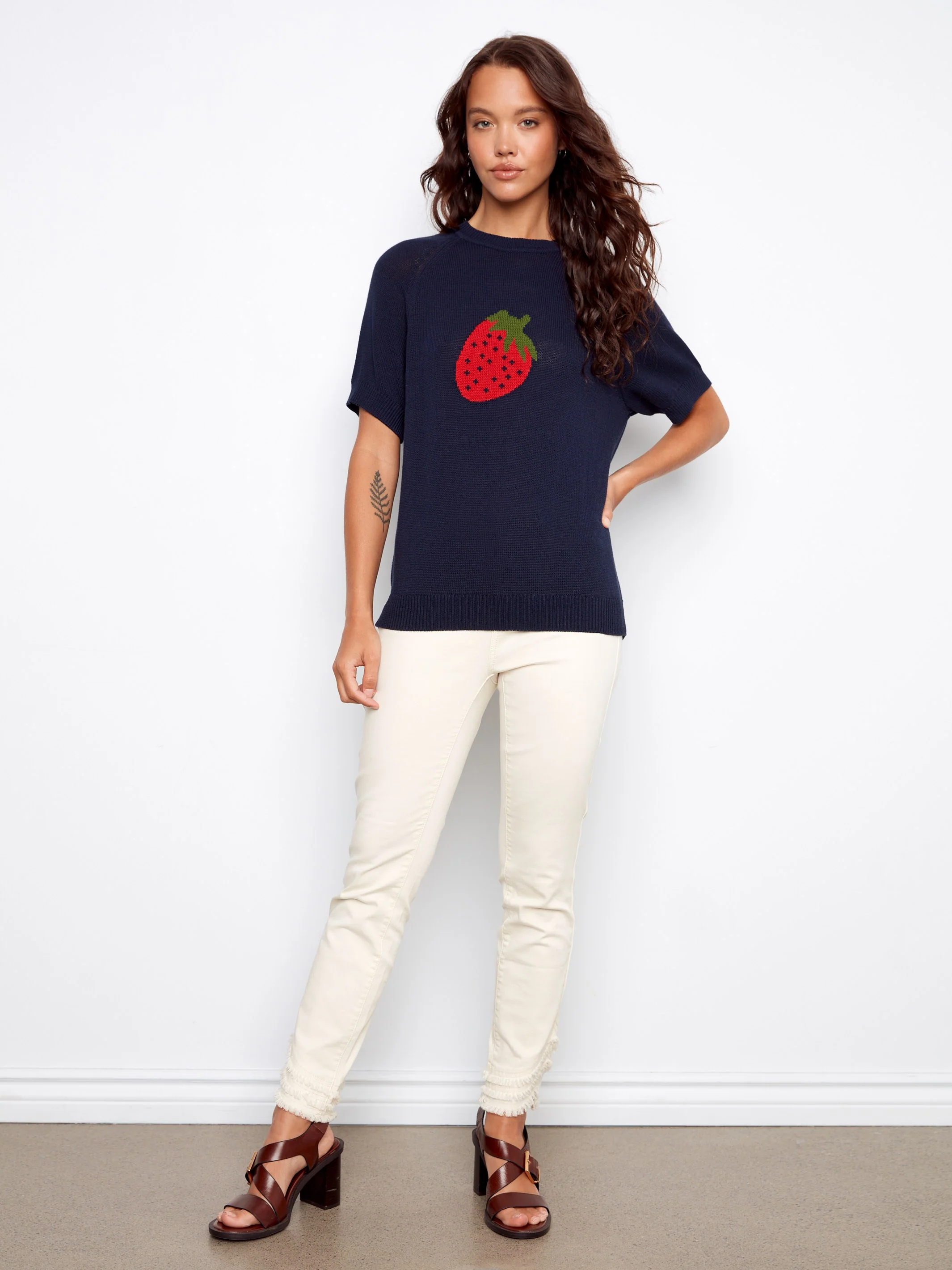 Short Sleeve Cotton Knit Top - Navy - Image 3