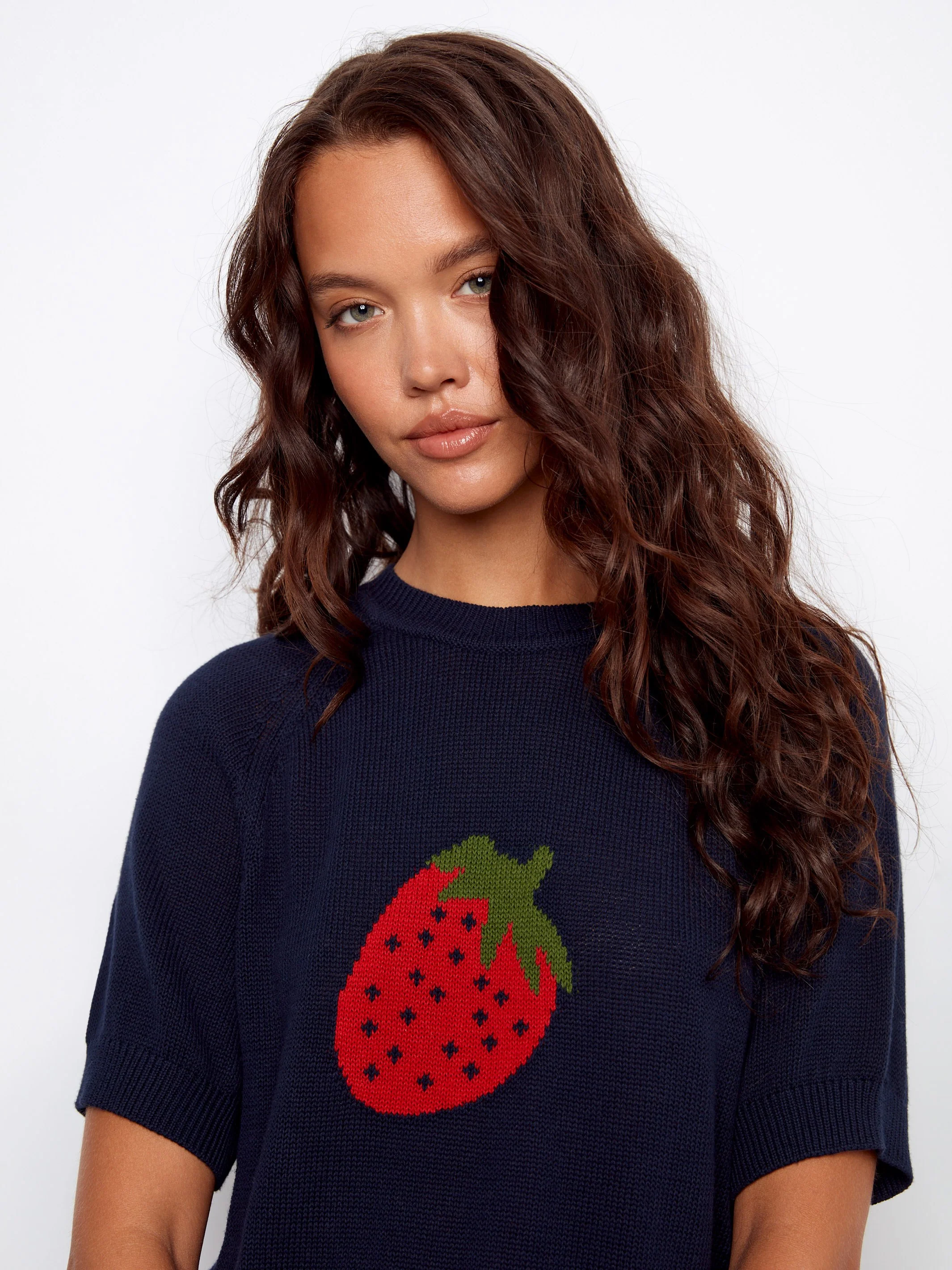 Short Sleeve Cotton Knit Top - Navy - Image 4