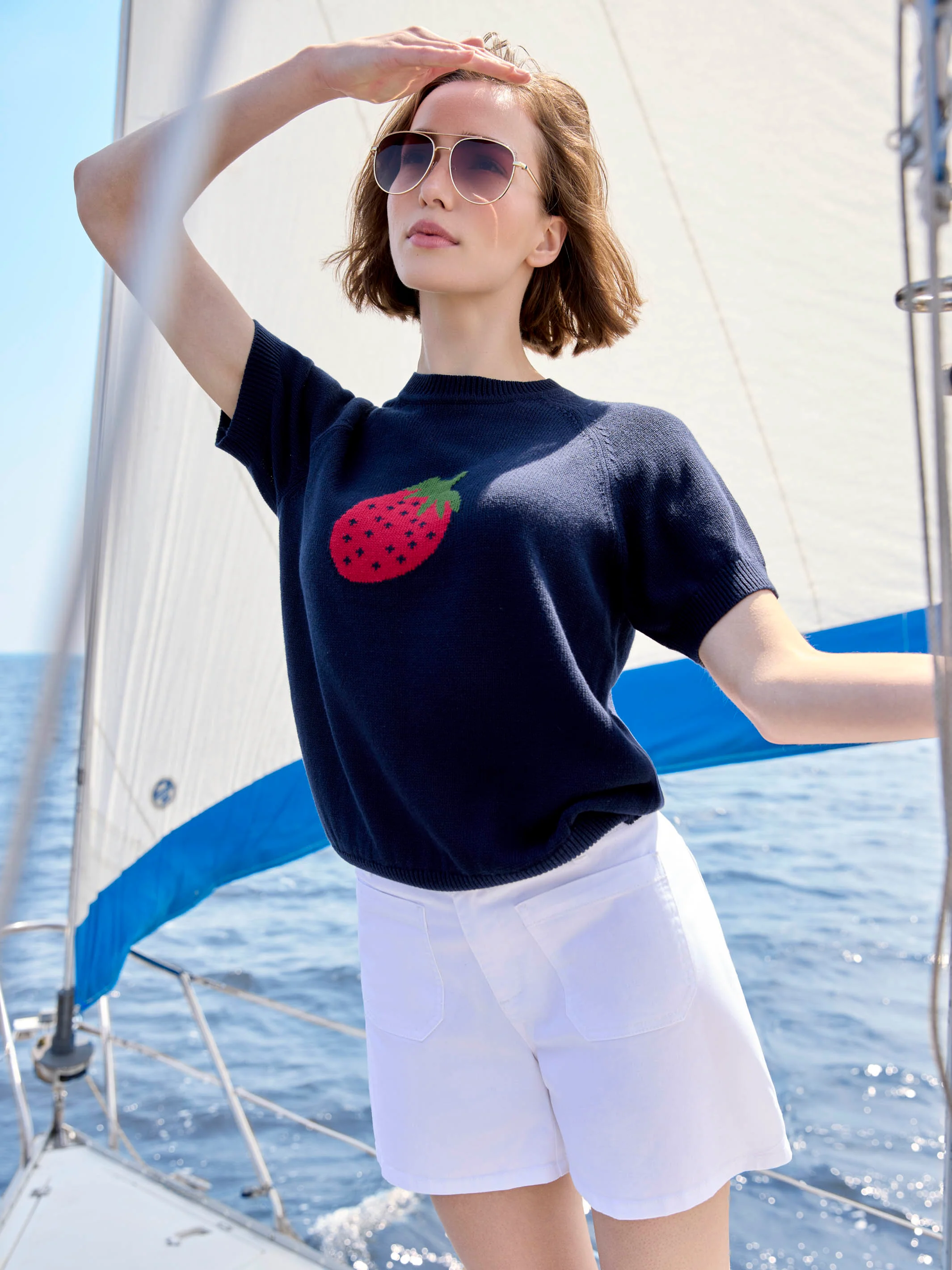 Short Sleeve Cotton Knit Top - Navy - Image 6