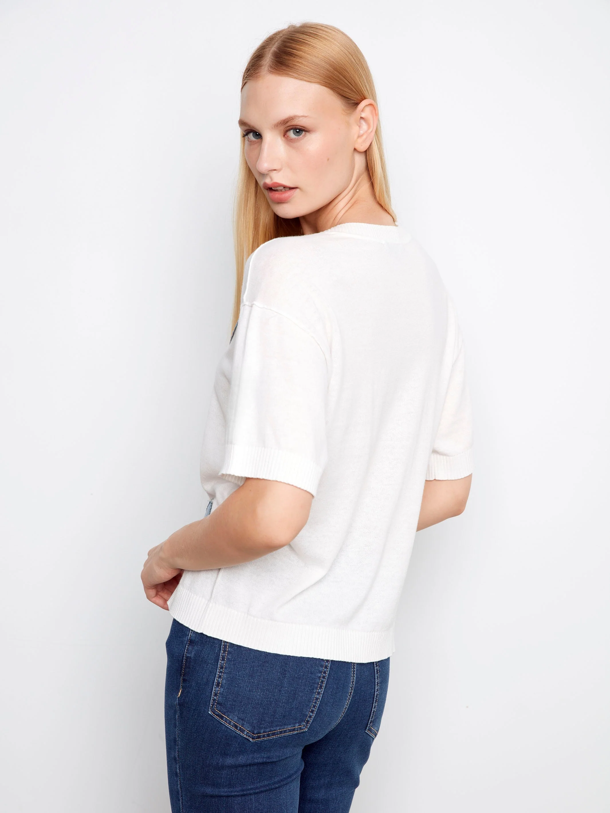 Short Sleeve Denim Hearts Sweater - Hearts - Image 3