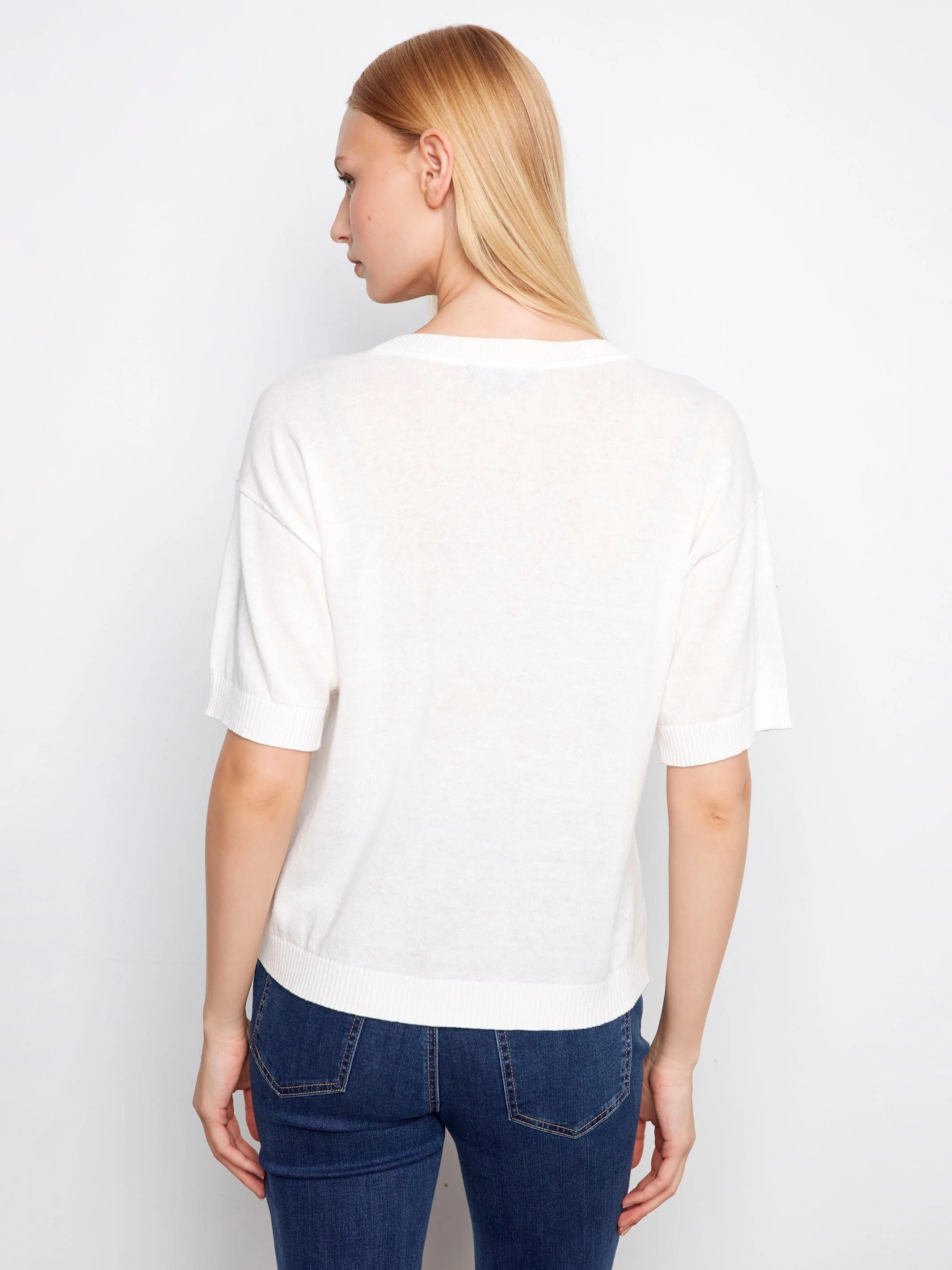 Short Sleeve Denim Hearts Sweater - Hearts - Image 4