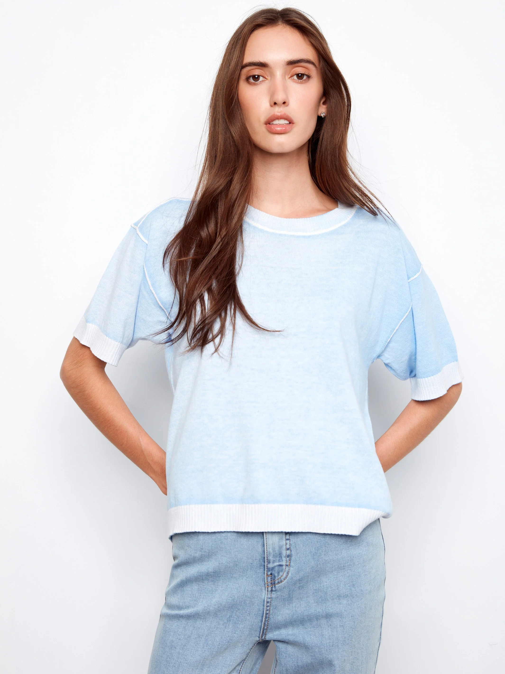 Short Sleeve Reverse Print Sweater - Bluebell