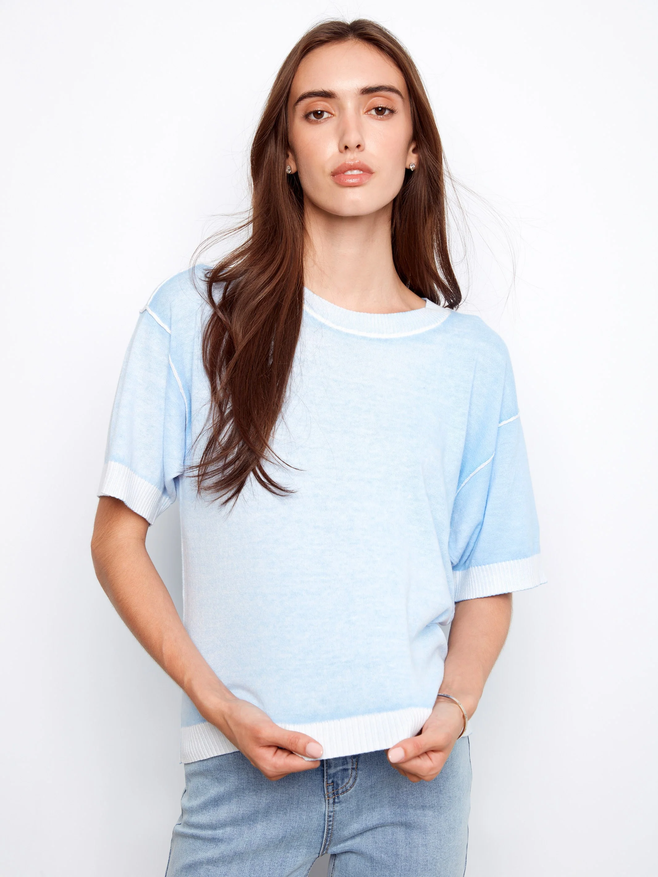 Short Sleeve Reverse Print Sweater - Bluebell - Image 4
