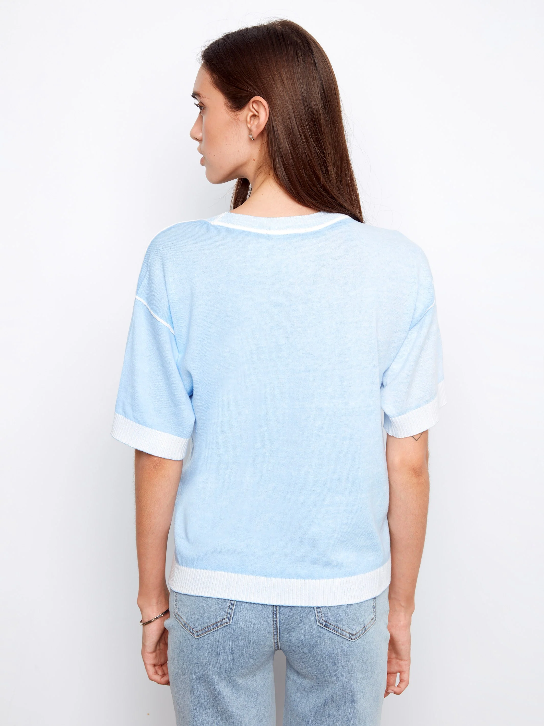 Short Sleeve Reverse Print Sweater - Bluebell - Image 5