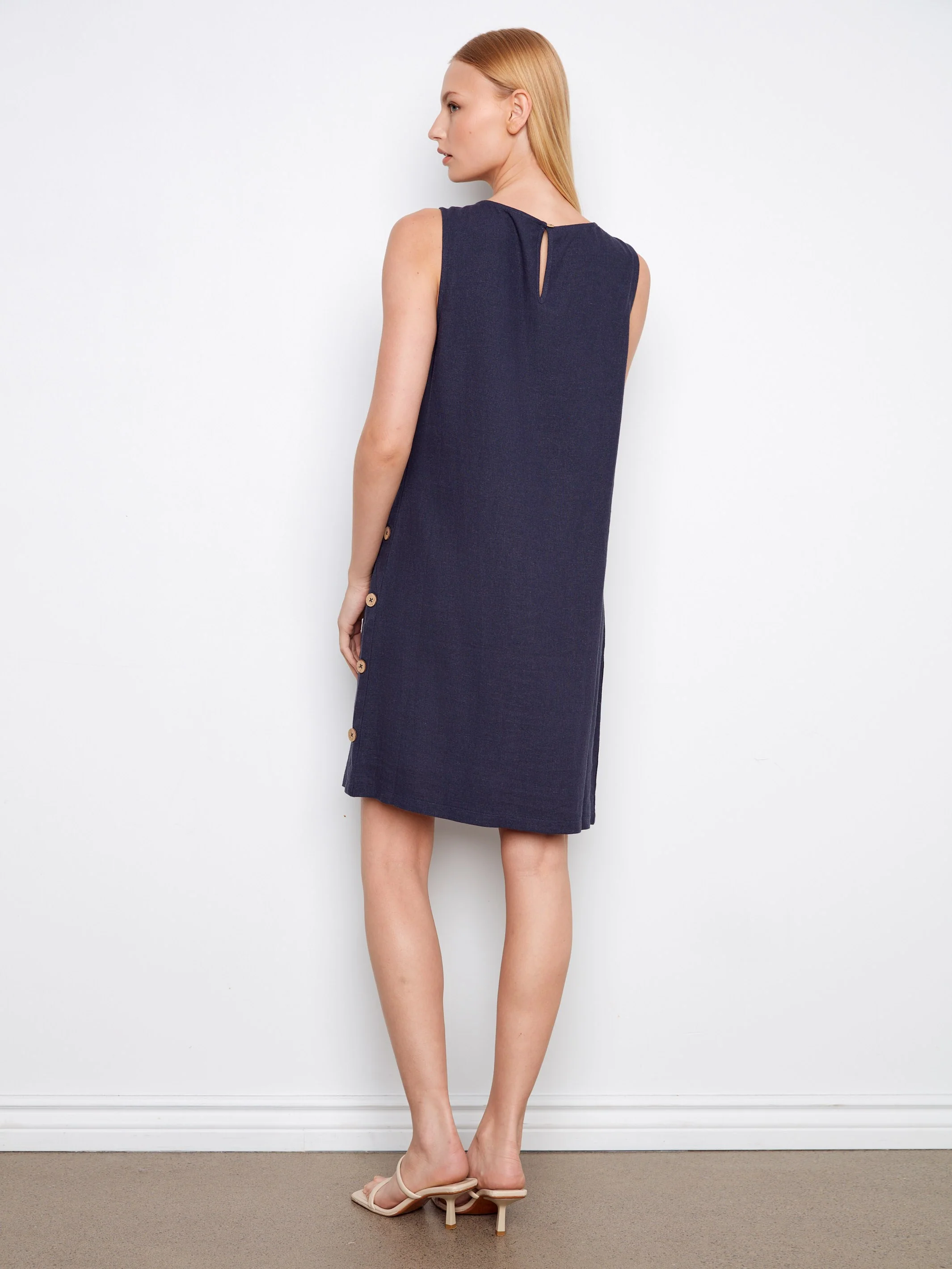 Sleeveless Linen Blend Dress - Navy - Image 3