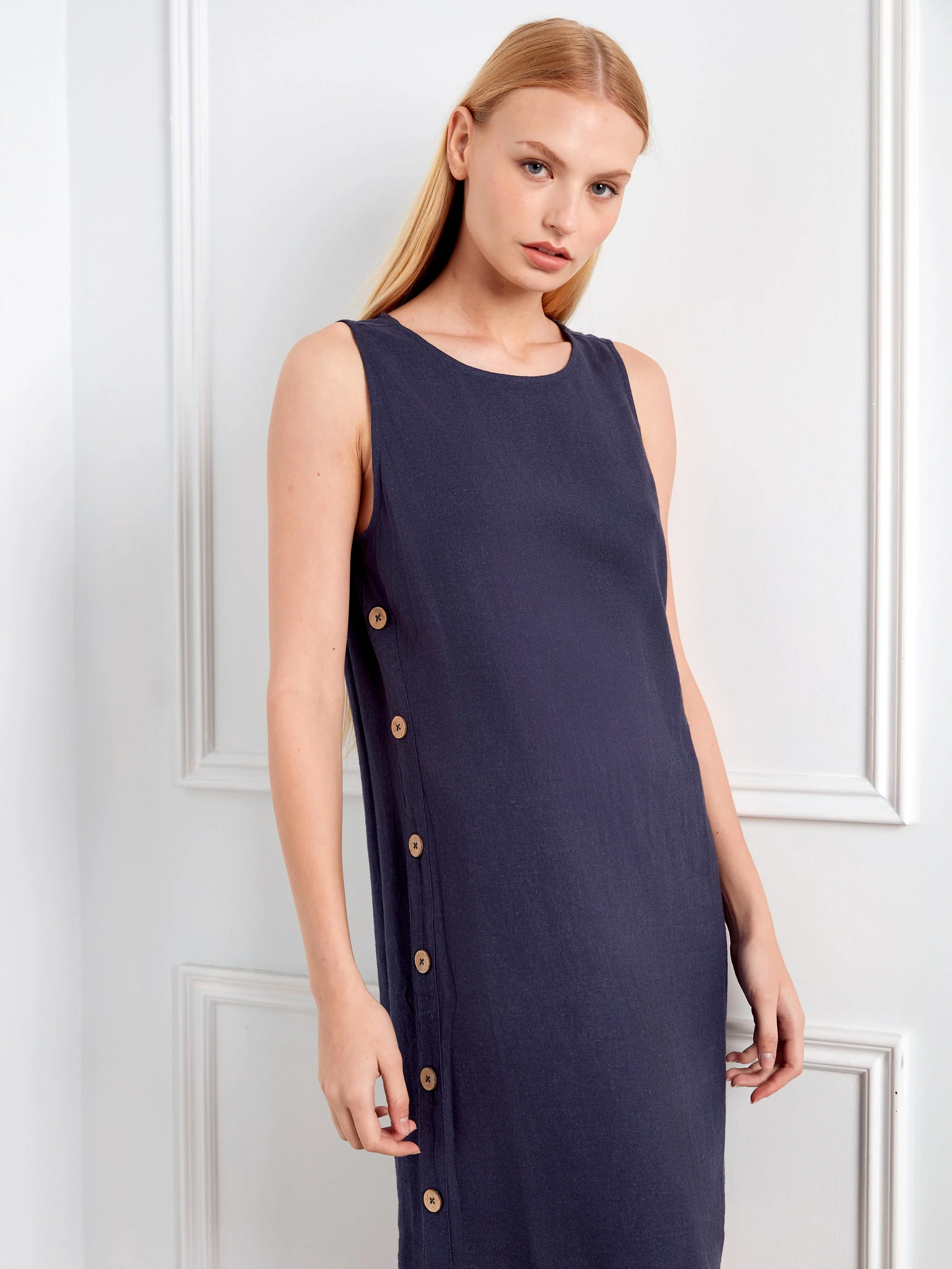 Sleeveless Linen Blend Dress - Navy - Image 4