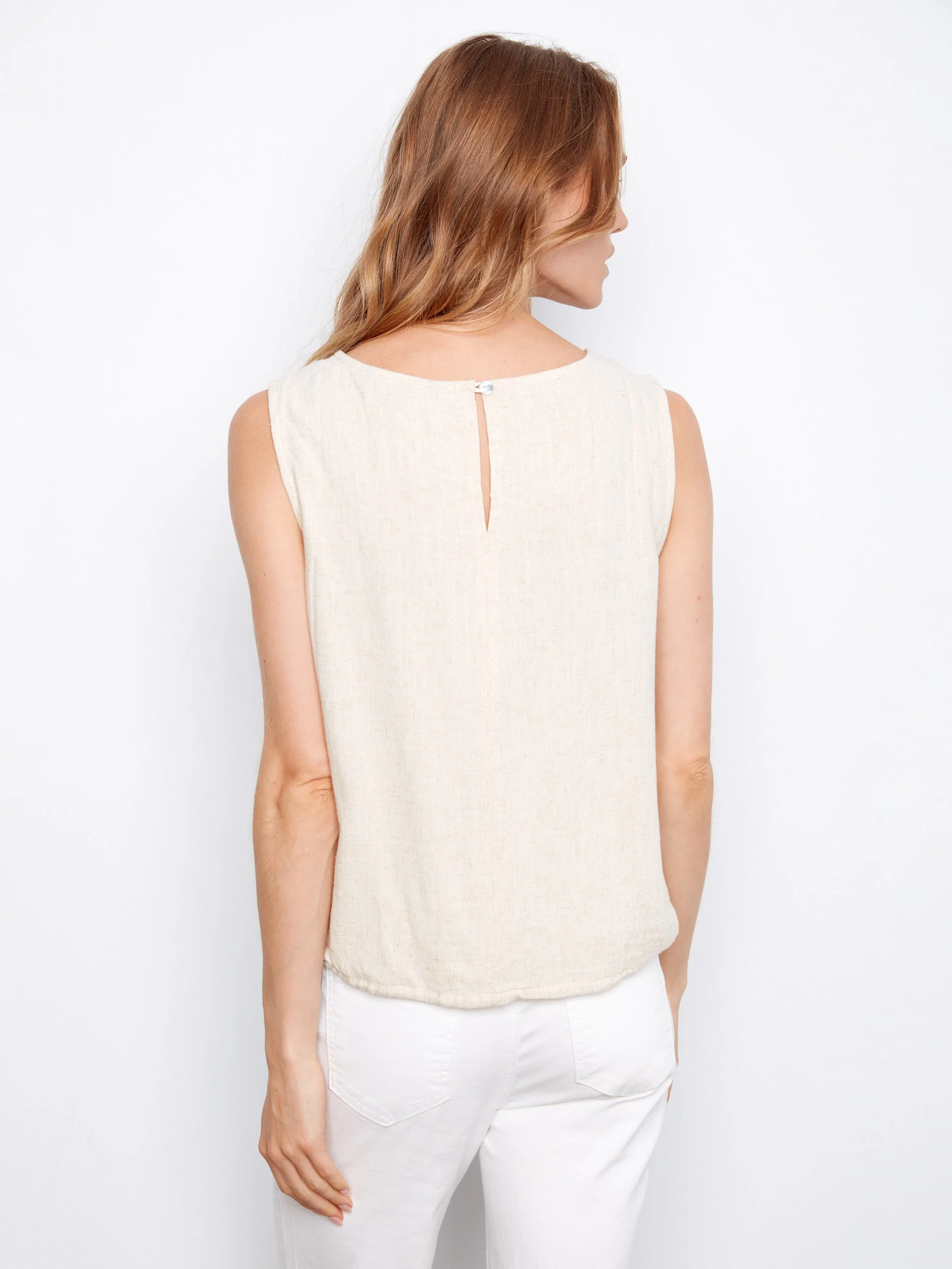 Sleeveless Linen Blend Top With Drawcord - Natural - Image 3