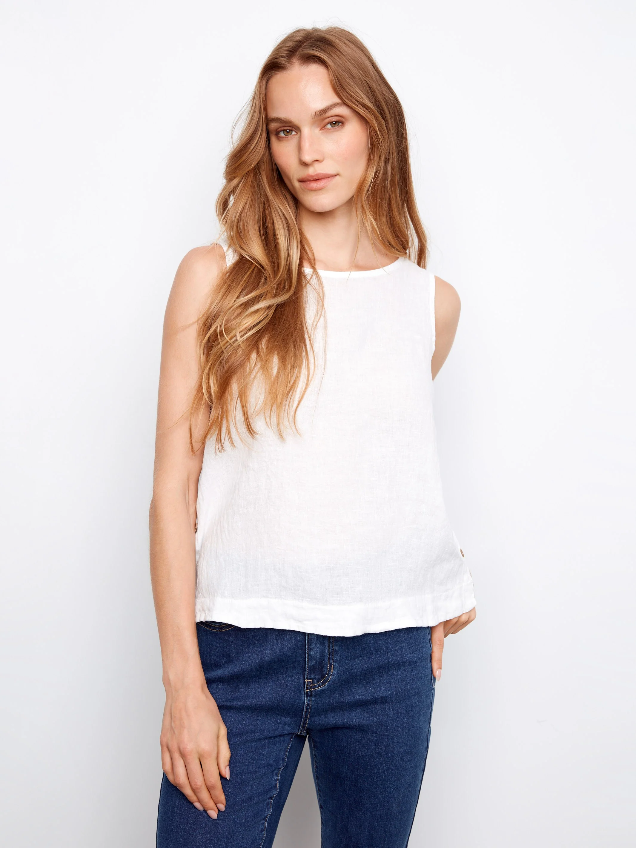 Sleeveless Linen Top With Side Buttons - White - Image 5