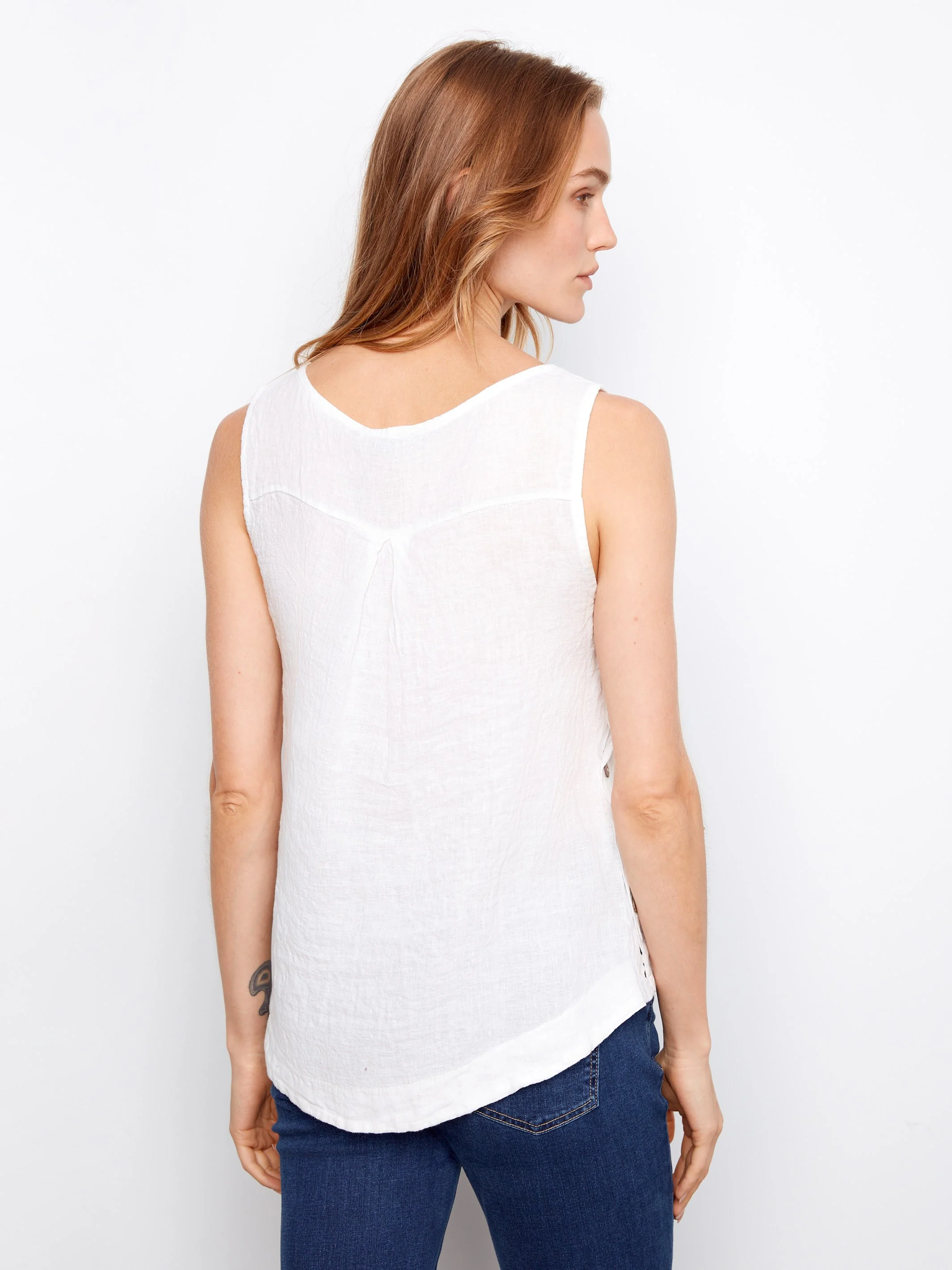 Sleeveless Linen Top With Side Buttons - White - Image 6