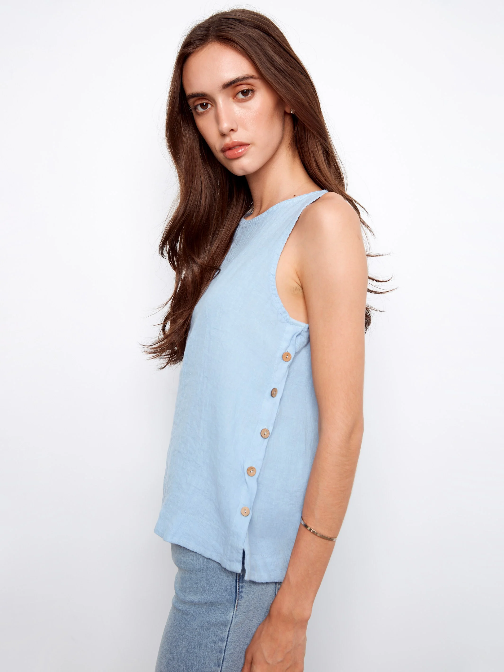 Sleeveless Linen Top With Side Buttons - Mist - Image 3