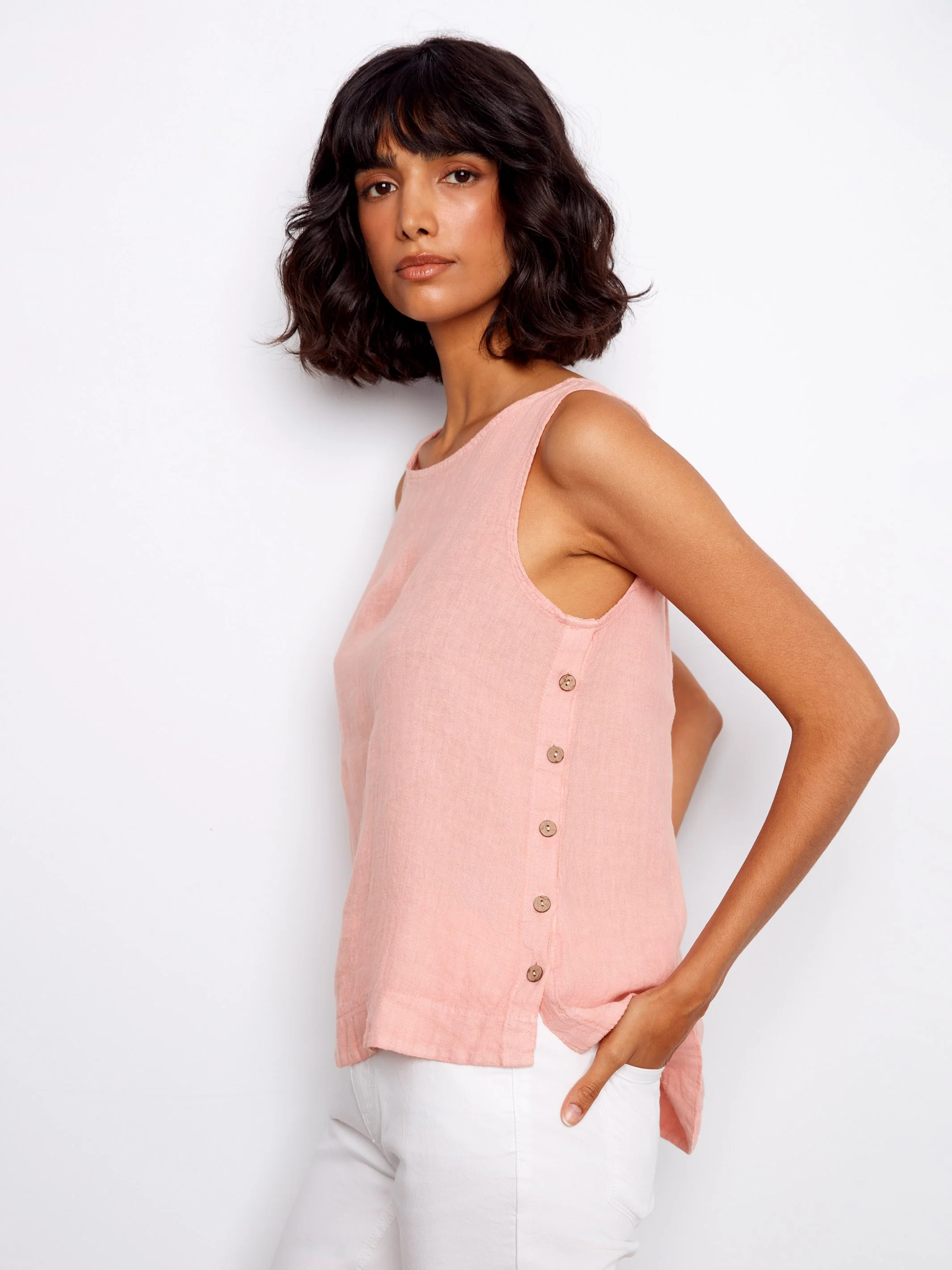 Sleeveless Linen Top With Side Buttons - Peony - Image 3