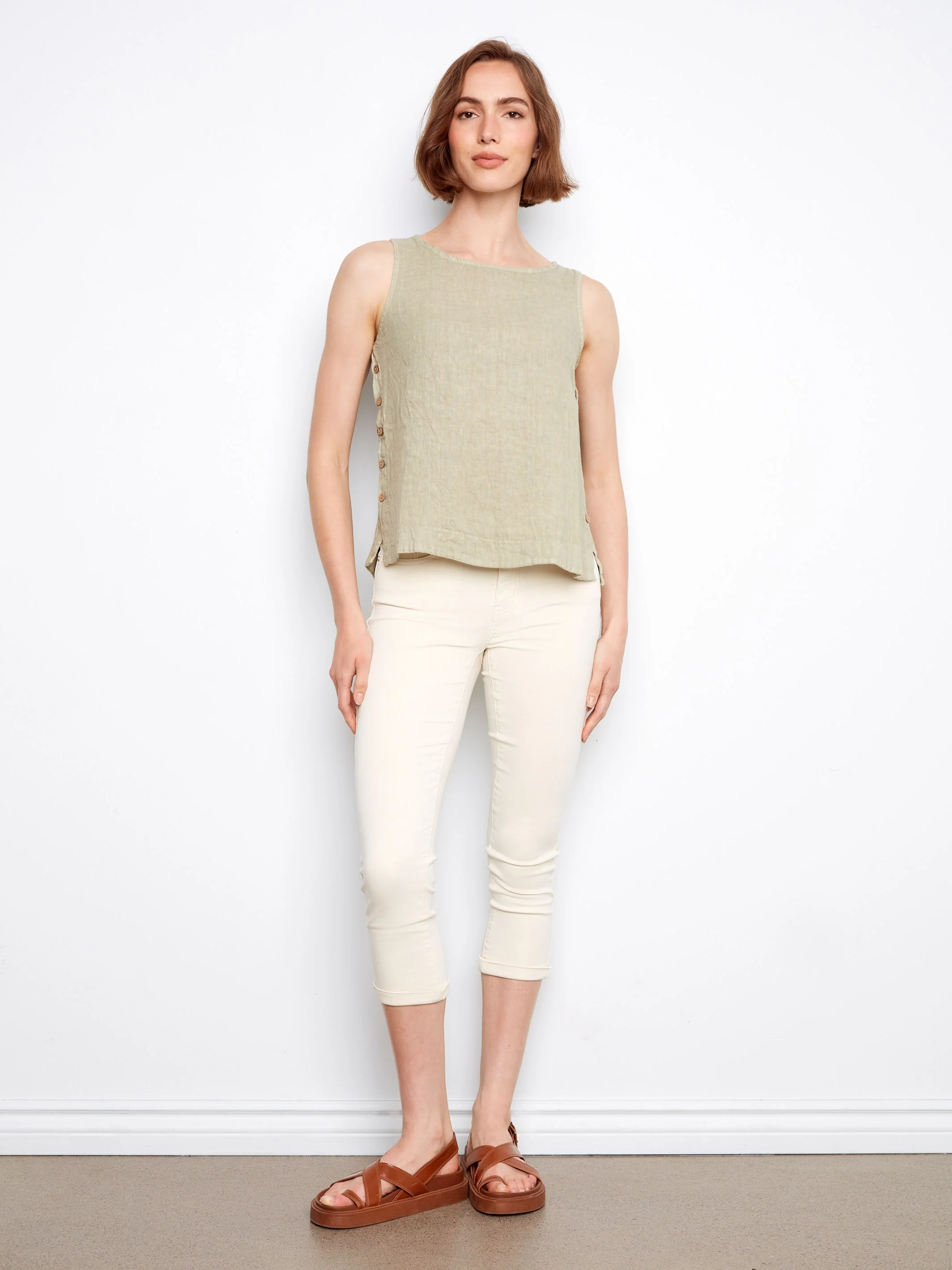 Sleeveless Linen Top With Side Buttons - Sage - Image 3