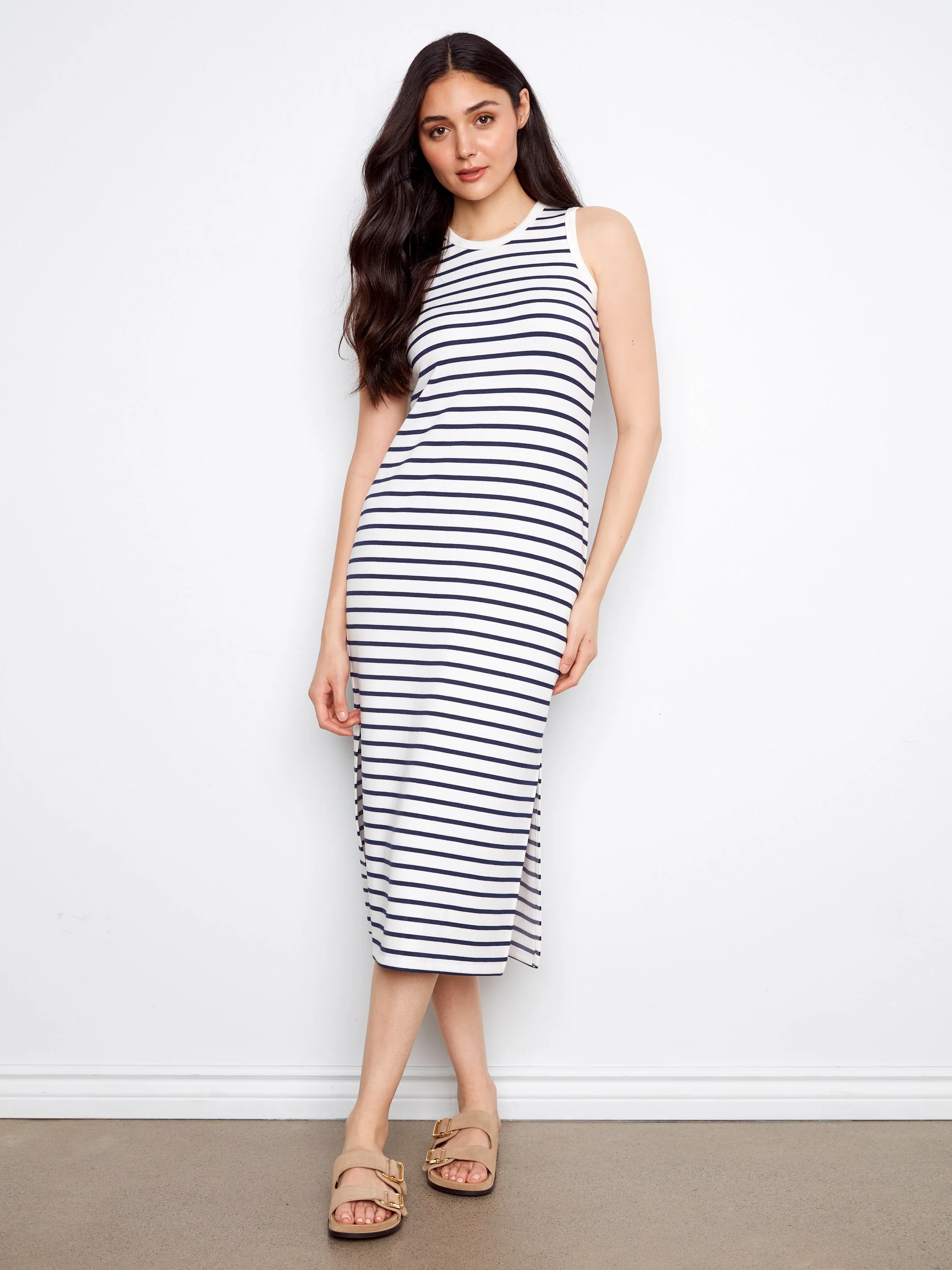 Sleeveless Striped Scuba Dress - Denim - Image 4