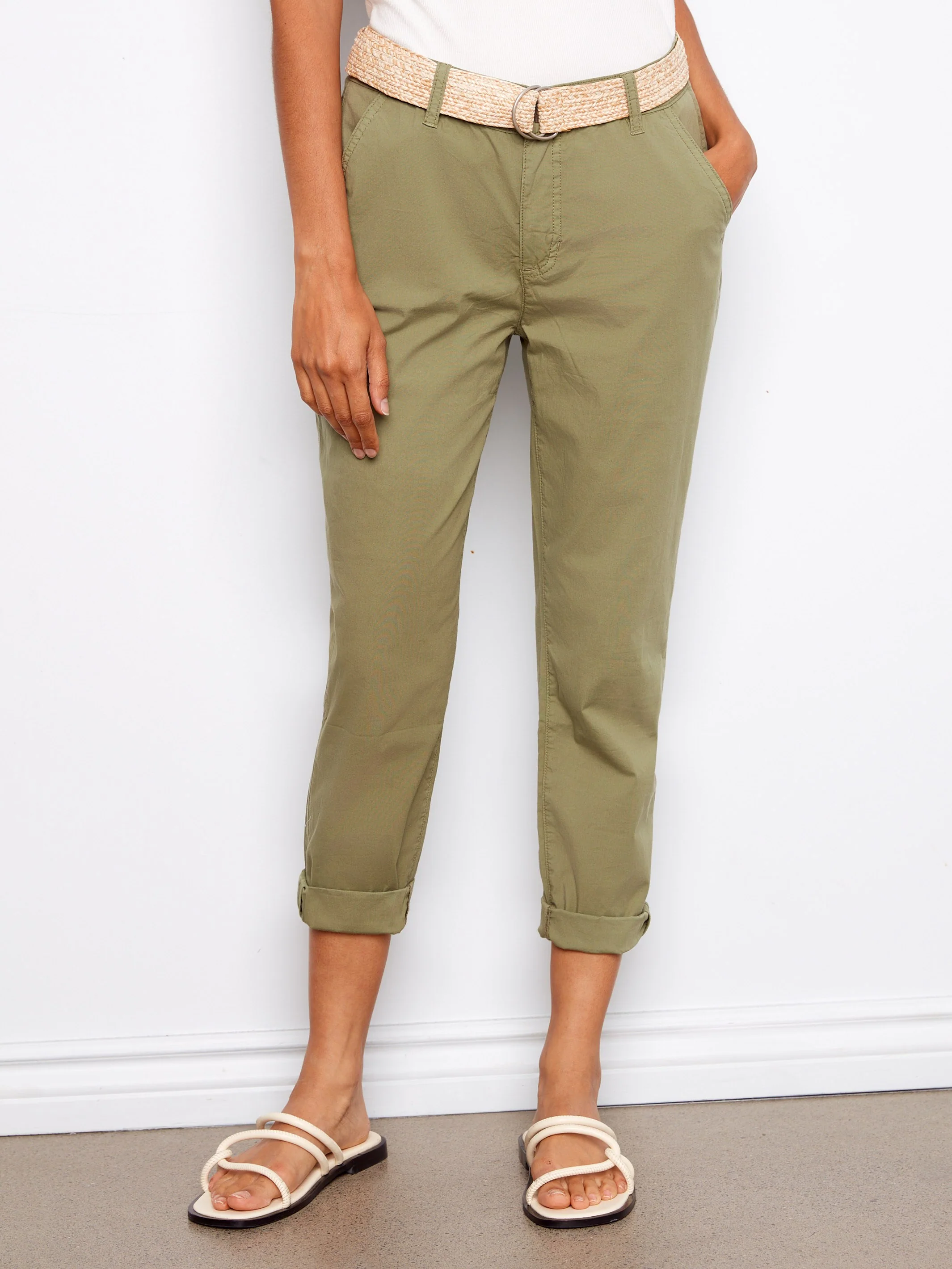 Slim Fit Pants With Belt - Celadon - Image 2