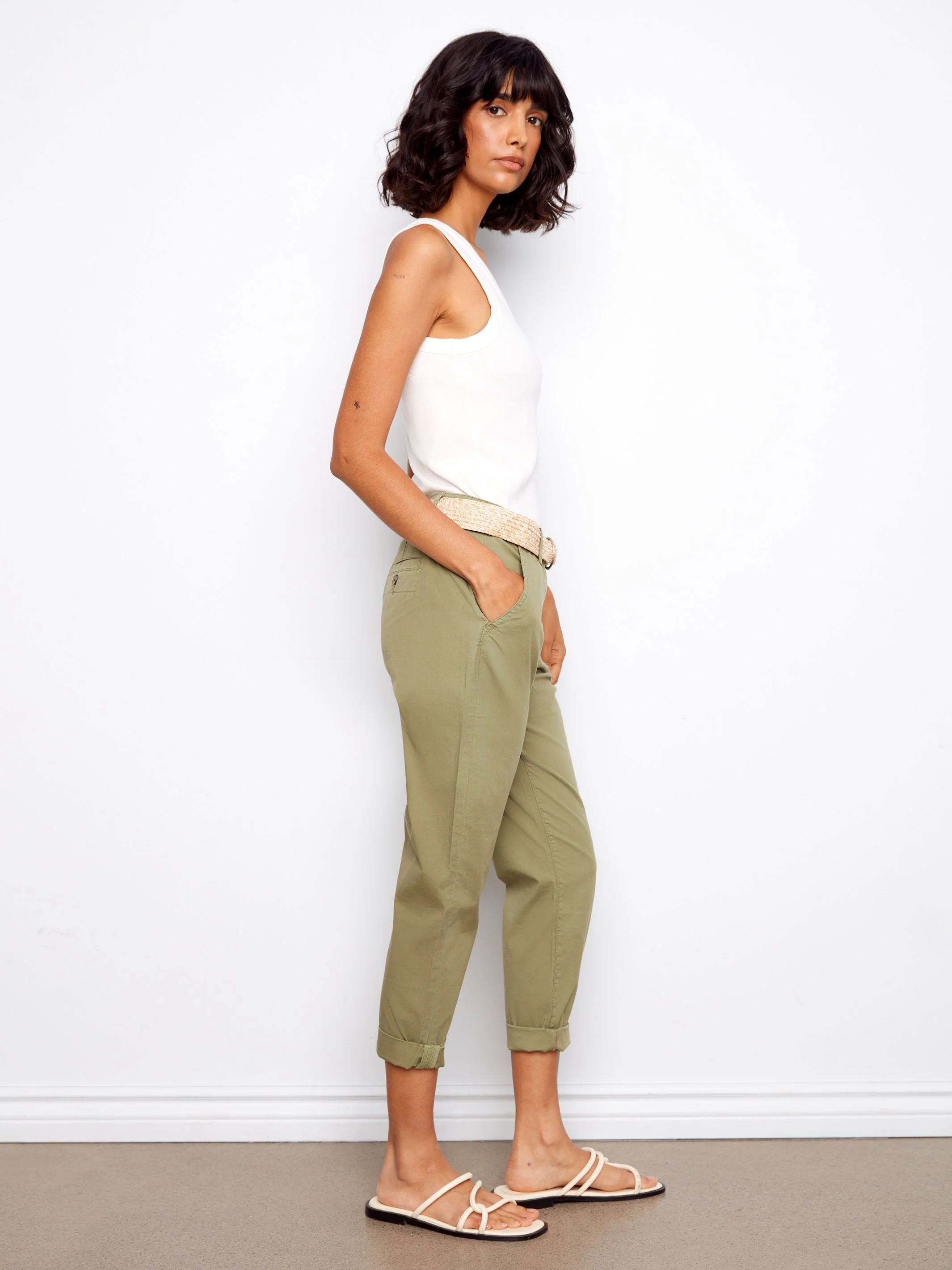Slim Fit Pants With Belt - Celadon - Image 4