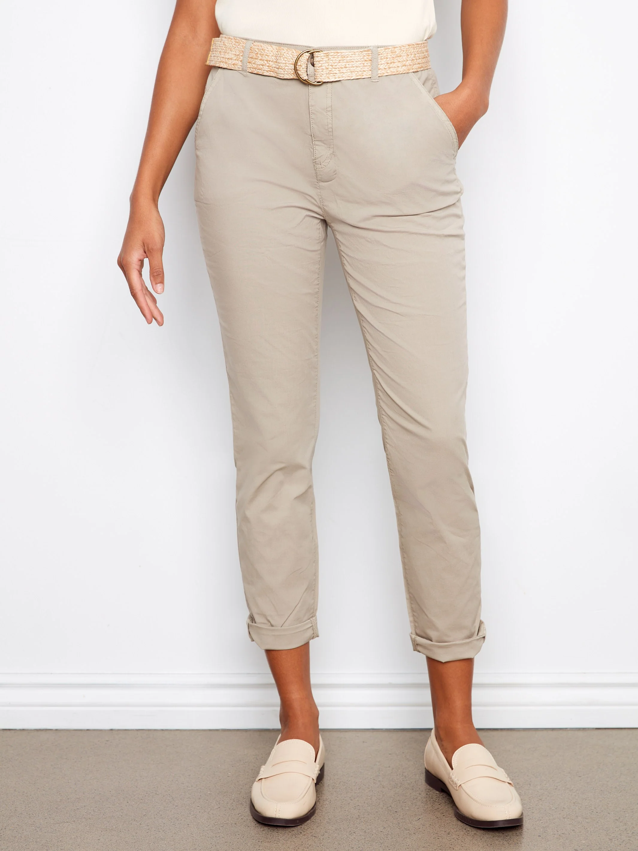 Slim Fit Pants With Belt - Greige - Image 2