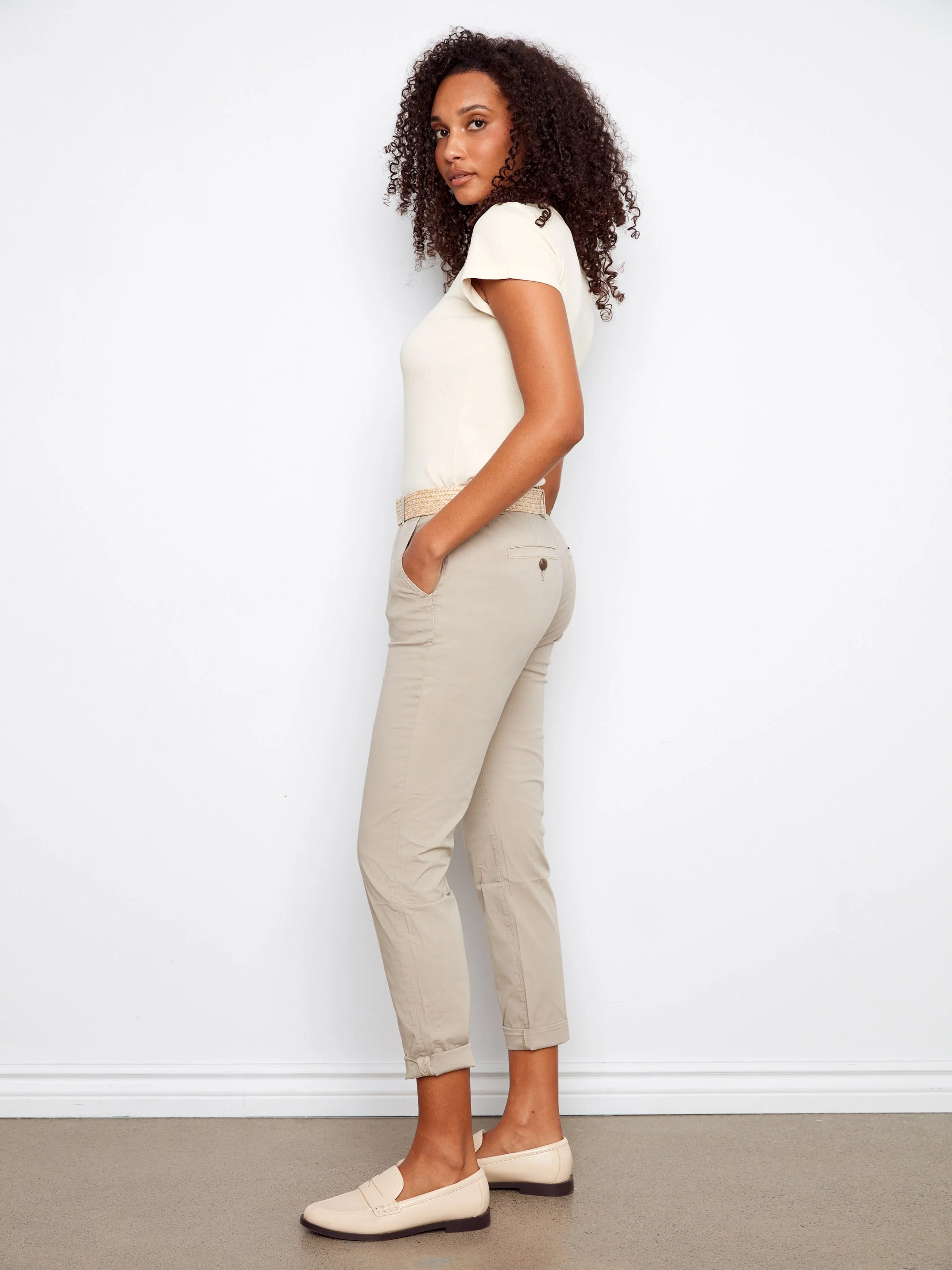 Slim Fit Pants With Belt - Greige - Image 3
