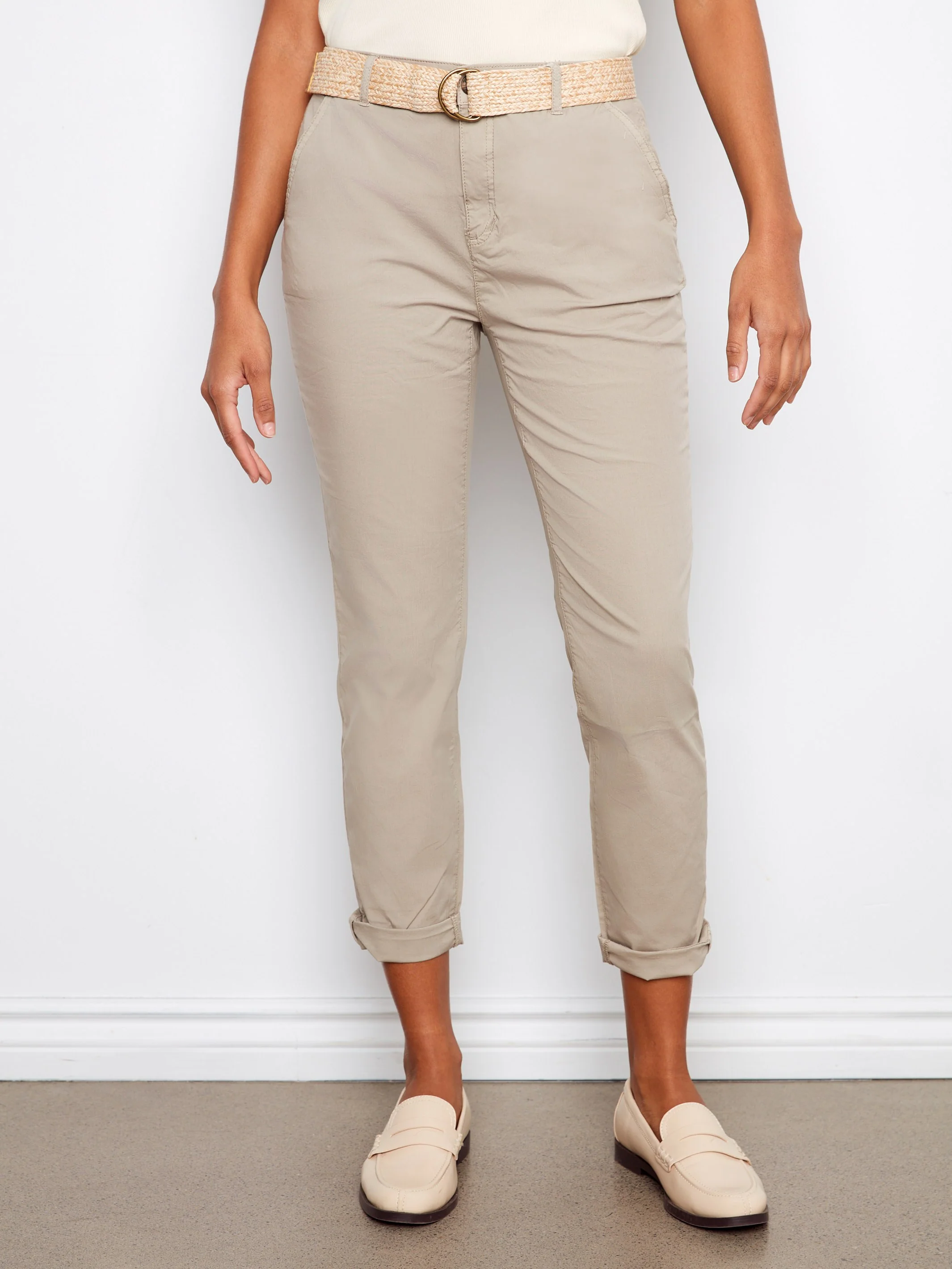 Slim Fit Pants With Belt - Greige - Image 5