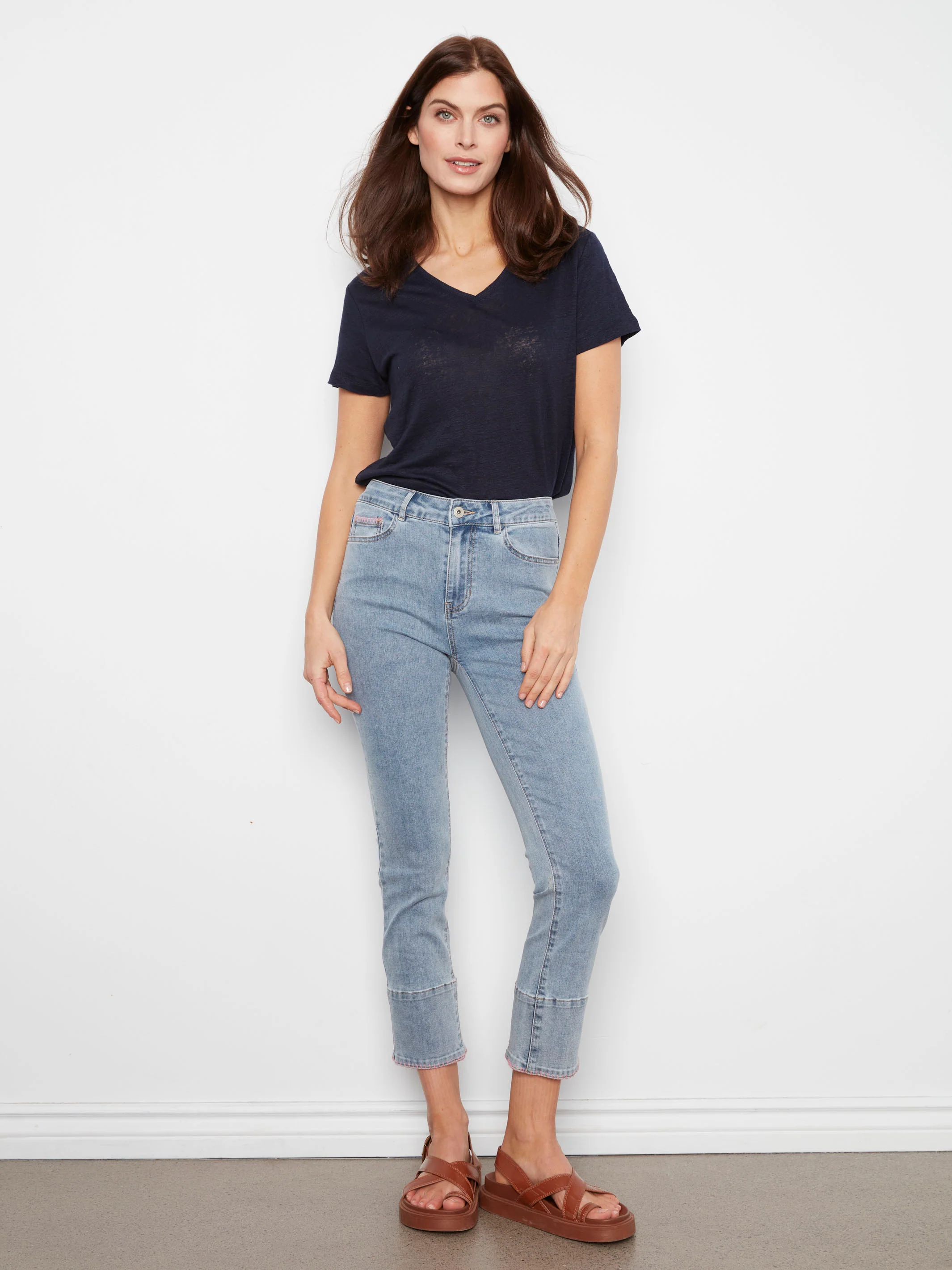 Slim Leg Jeans With Blanket Stitch Hem - Light Blue
