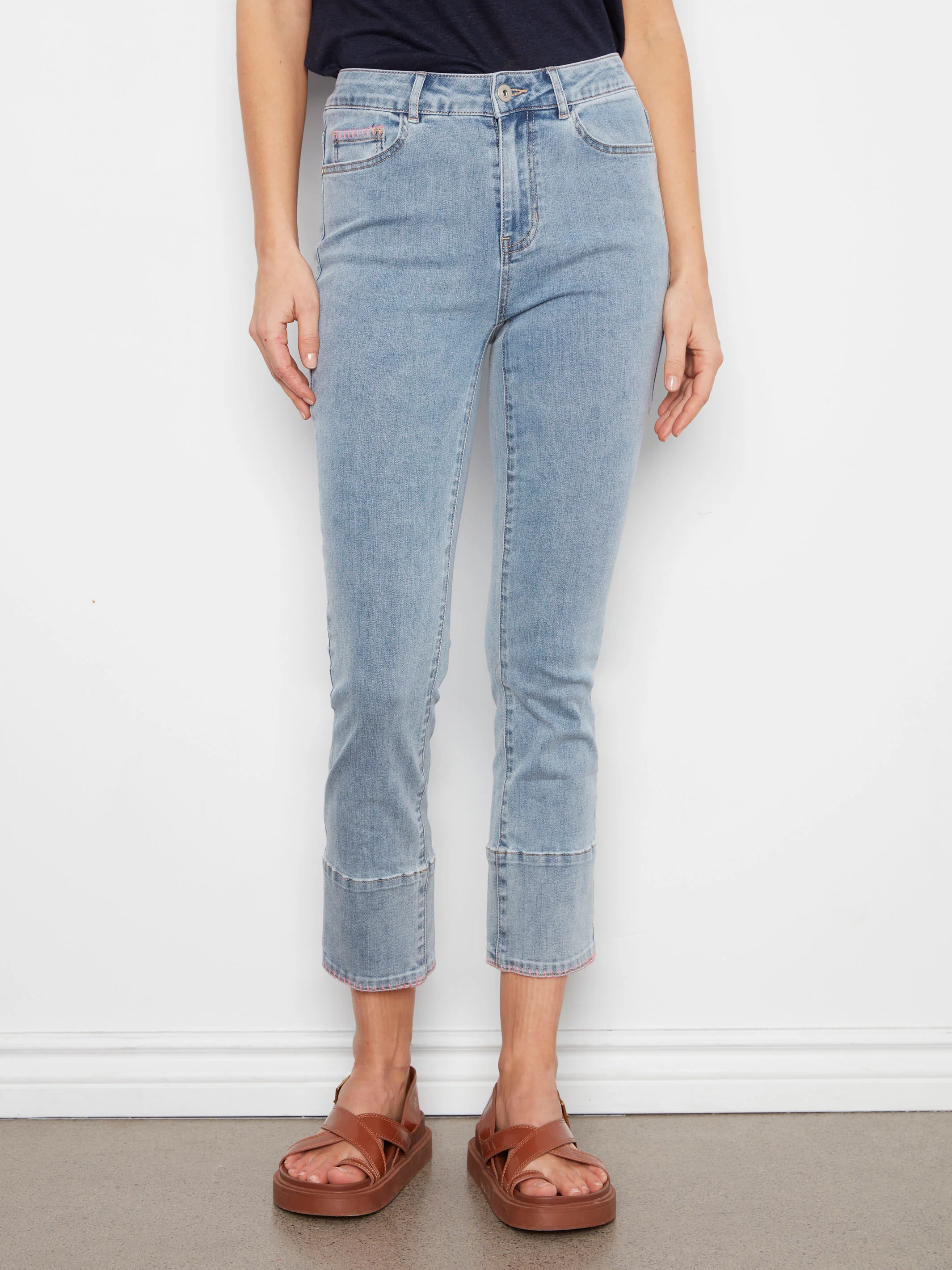 Slim Leg Jeans With Blanket Stitch Hem - Light Blue - Image 6