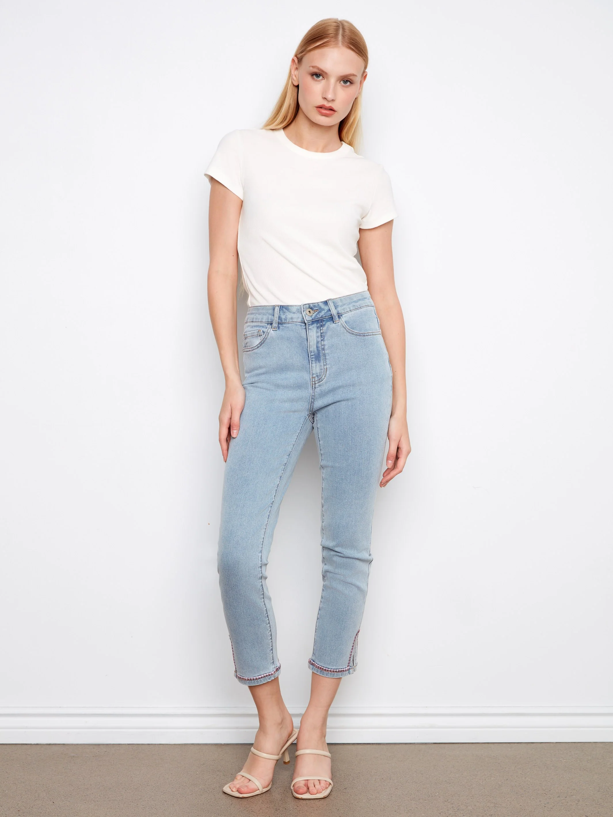 Slim Leg Jeans With Embroidered Hem - Light Blue