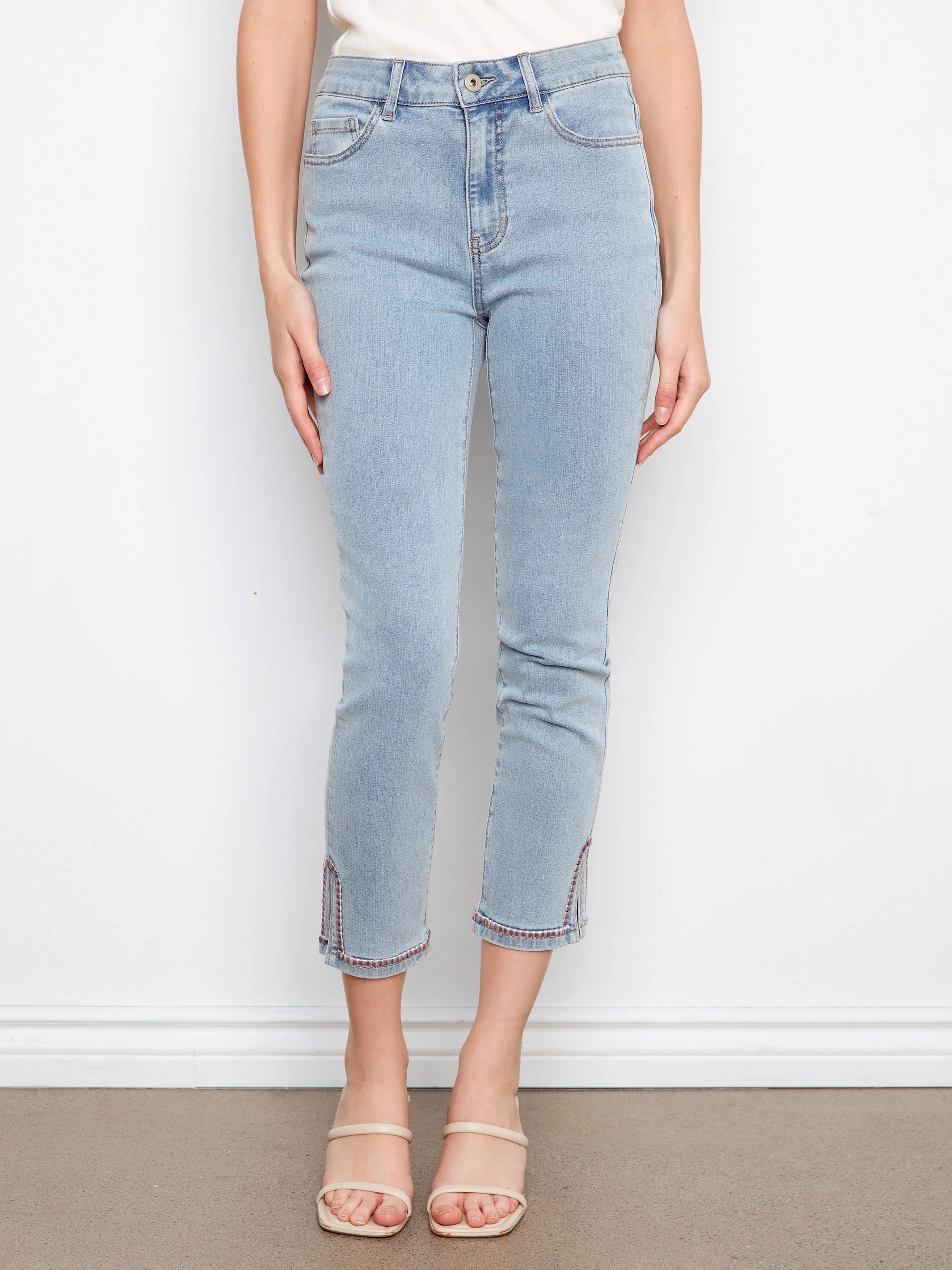 Slim Leg Jeans With Embroidered Hem - Light Blue - Image 3
