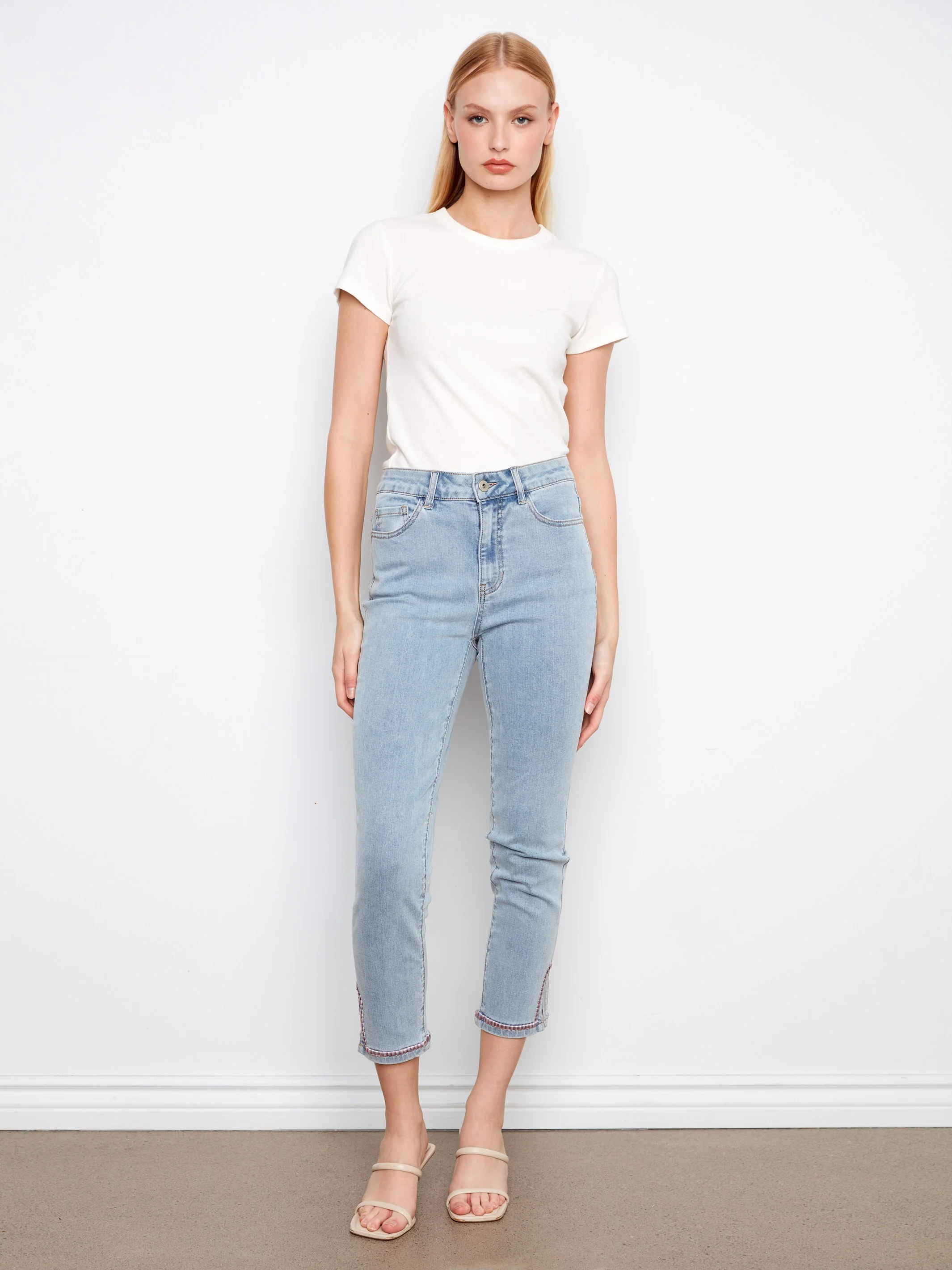 Slim Leg Jeans With Embroidered Hem - Light Blue - Image 4