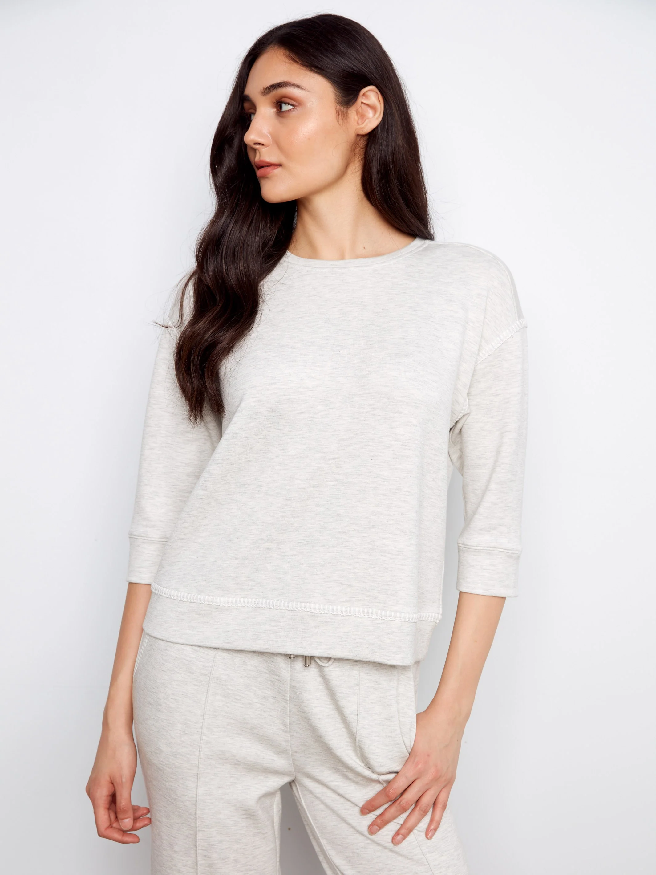 Soft Scuba 3/4 Sleeve Top - Heather Light Grey - Image 3
