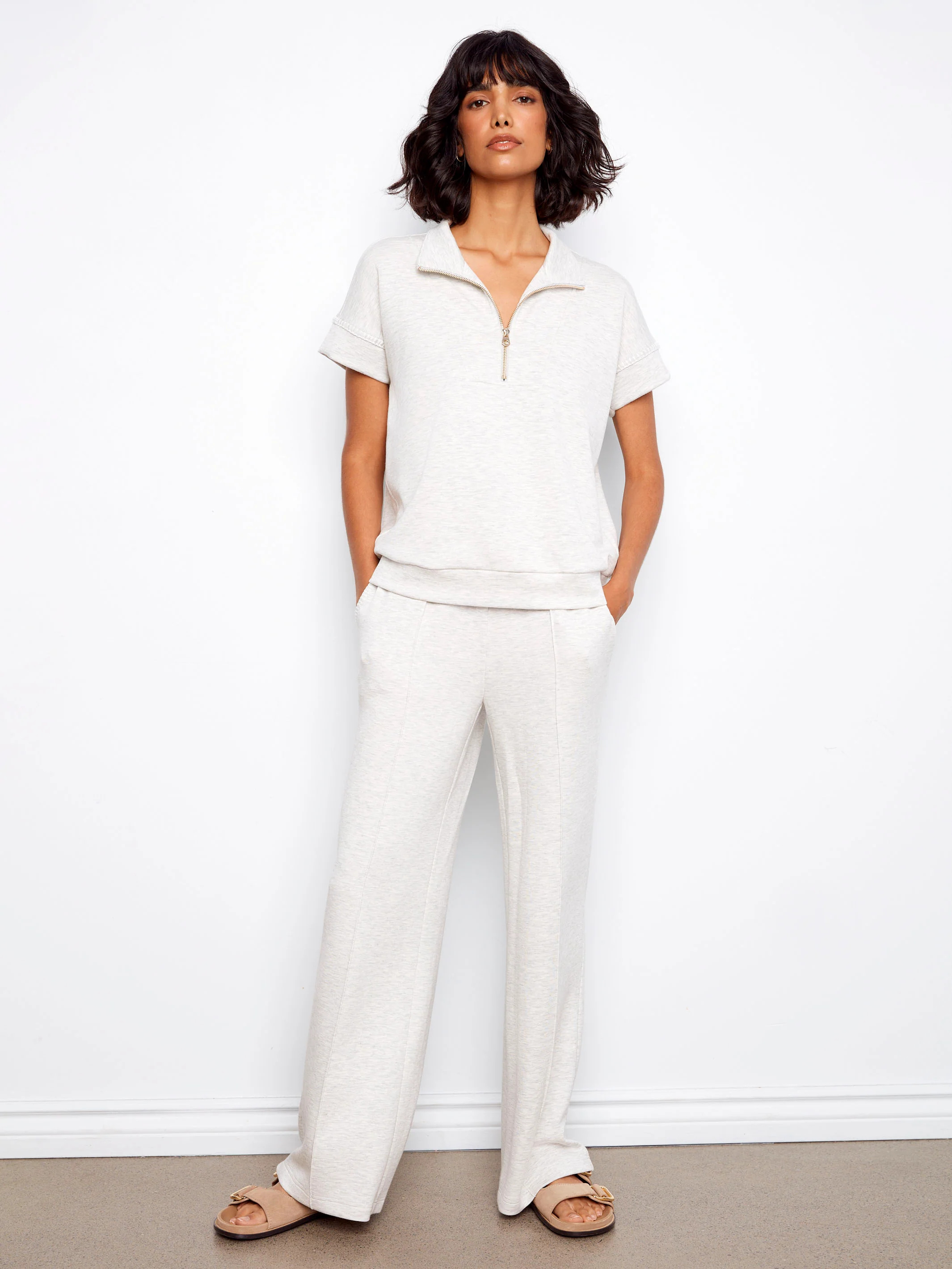 Soft Scuba Wide Leg Jogger Pants - Heather Light Grey - Image 4