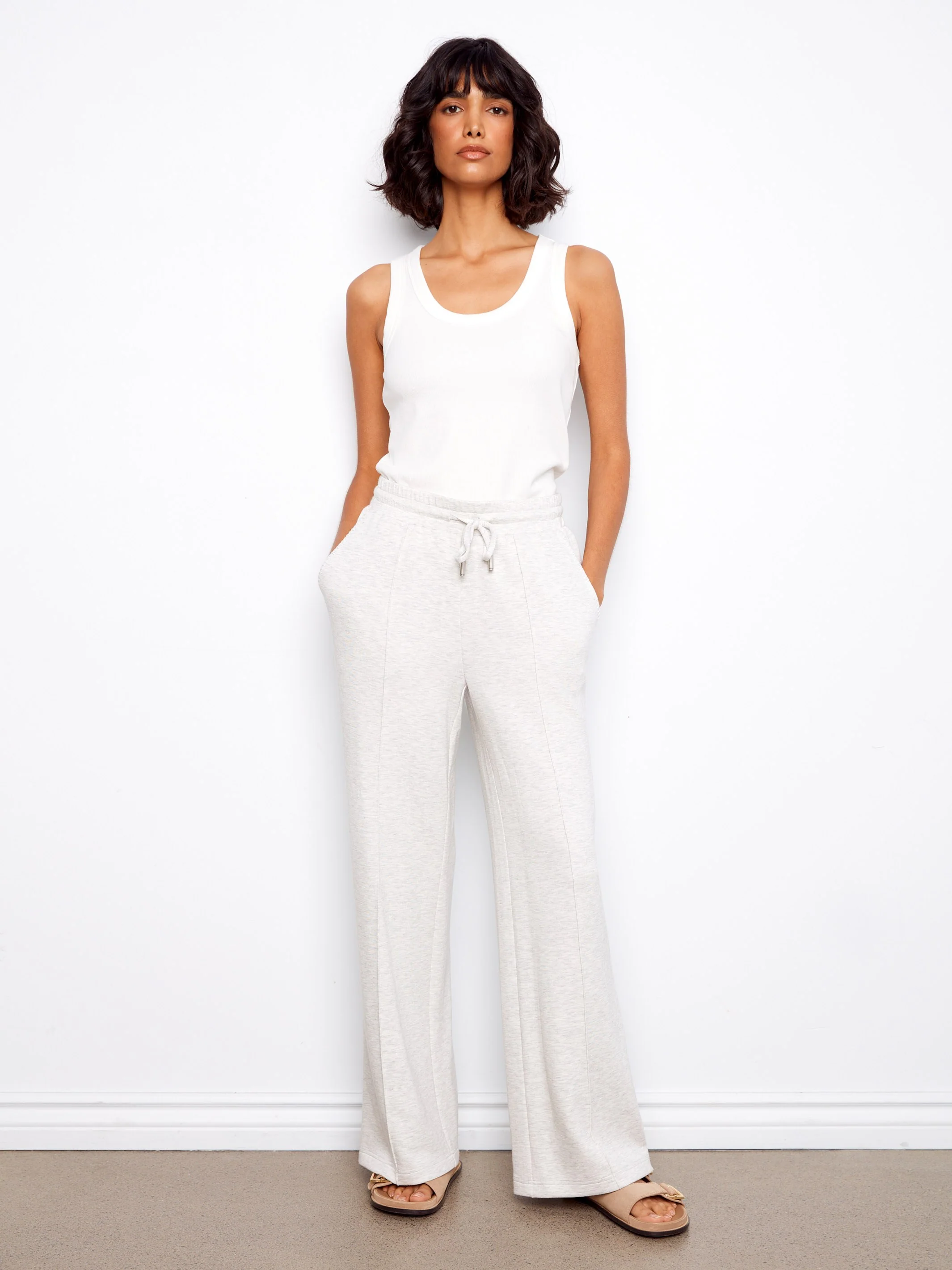 Soft Scuba Wide Leg Jogger Pants - Heather Light Grey - Image 6