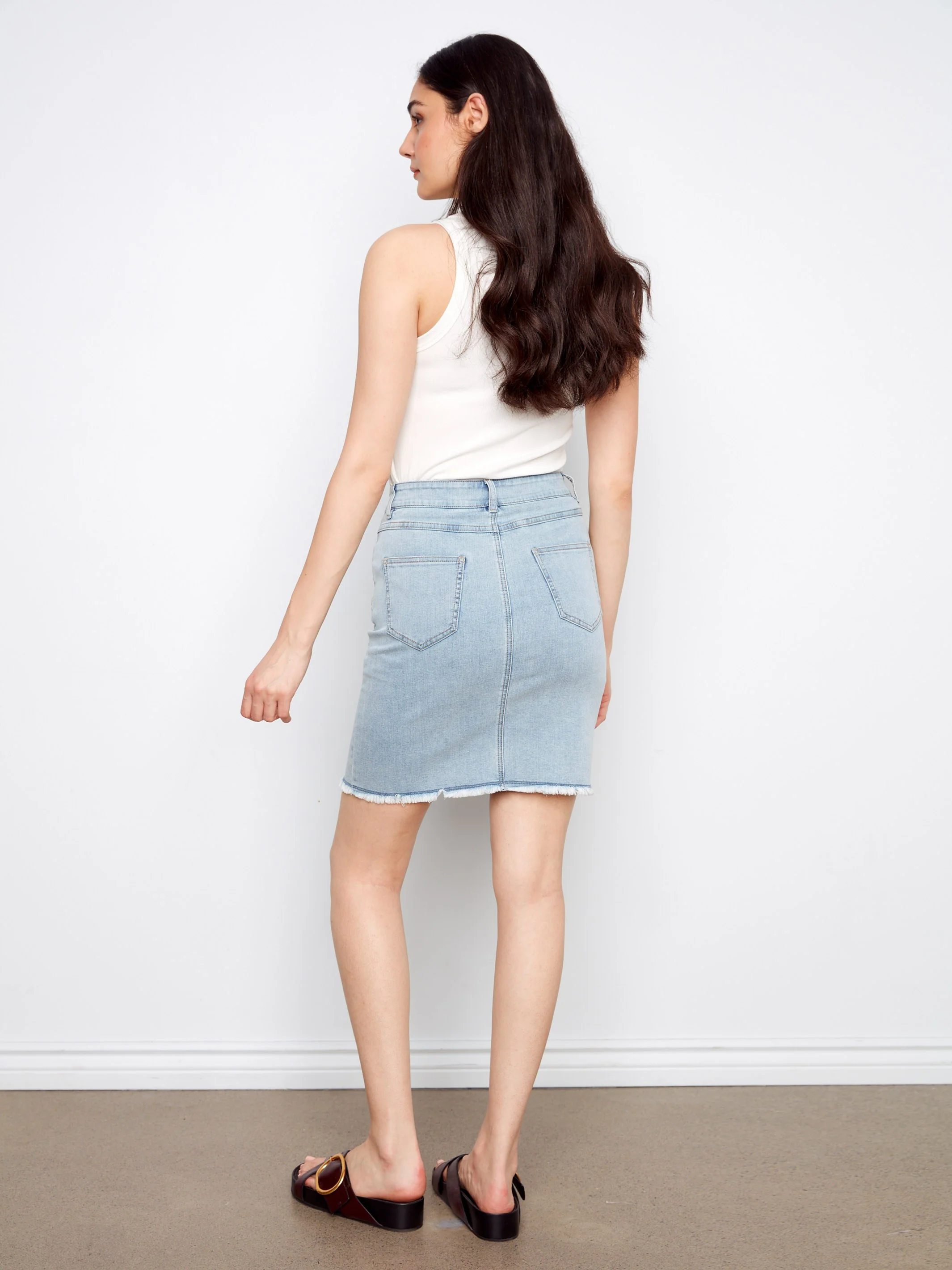 Stretch Denim Skort With Frayed Hem - Bleach Blue - Image 4