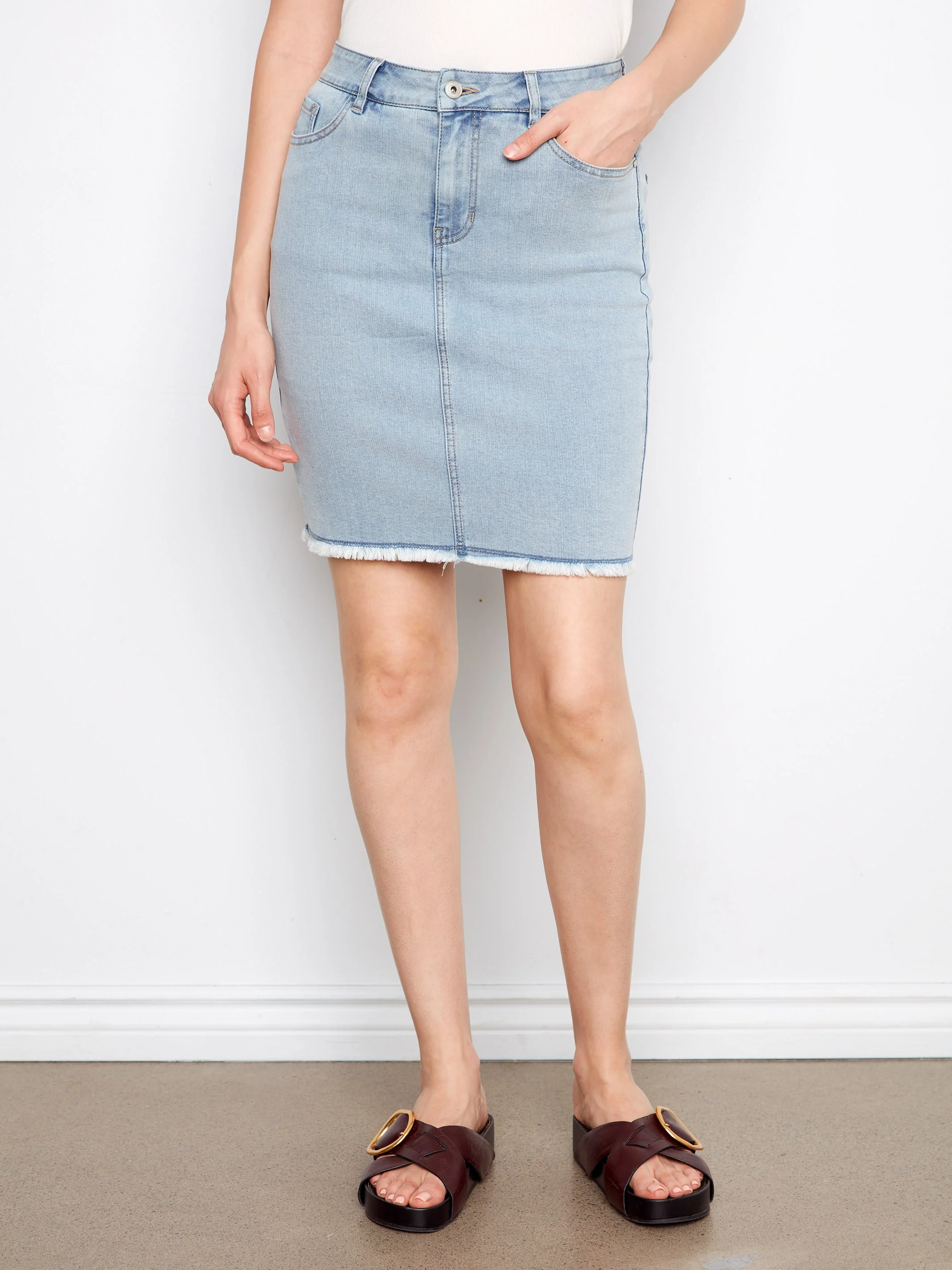 Stretch Denim Skort With Frayed Hem - Bleach Blue - Image 5