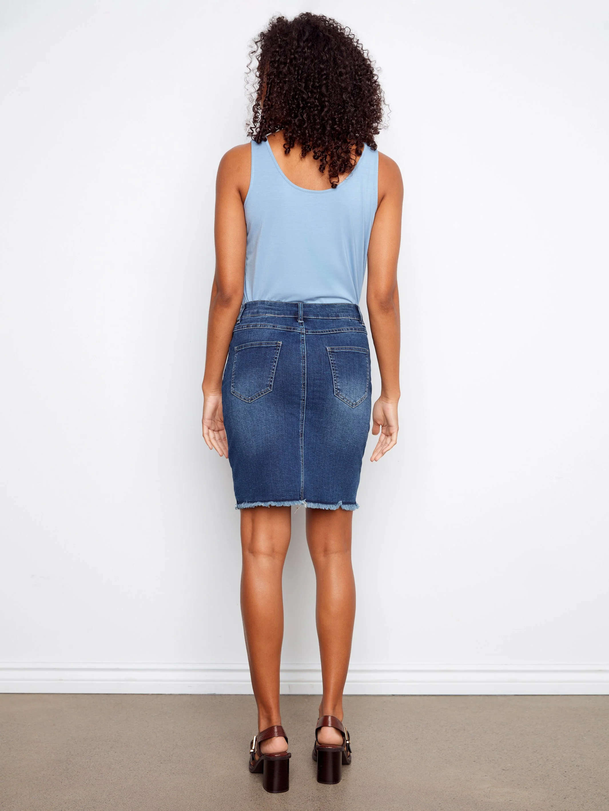 Stretch Denim Skort With Frayed Hem - Indigo - Image 6
