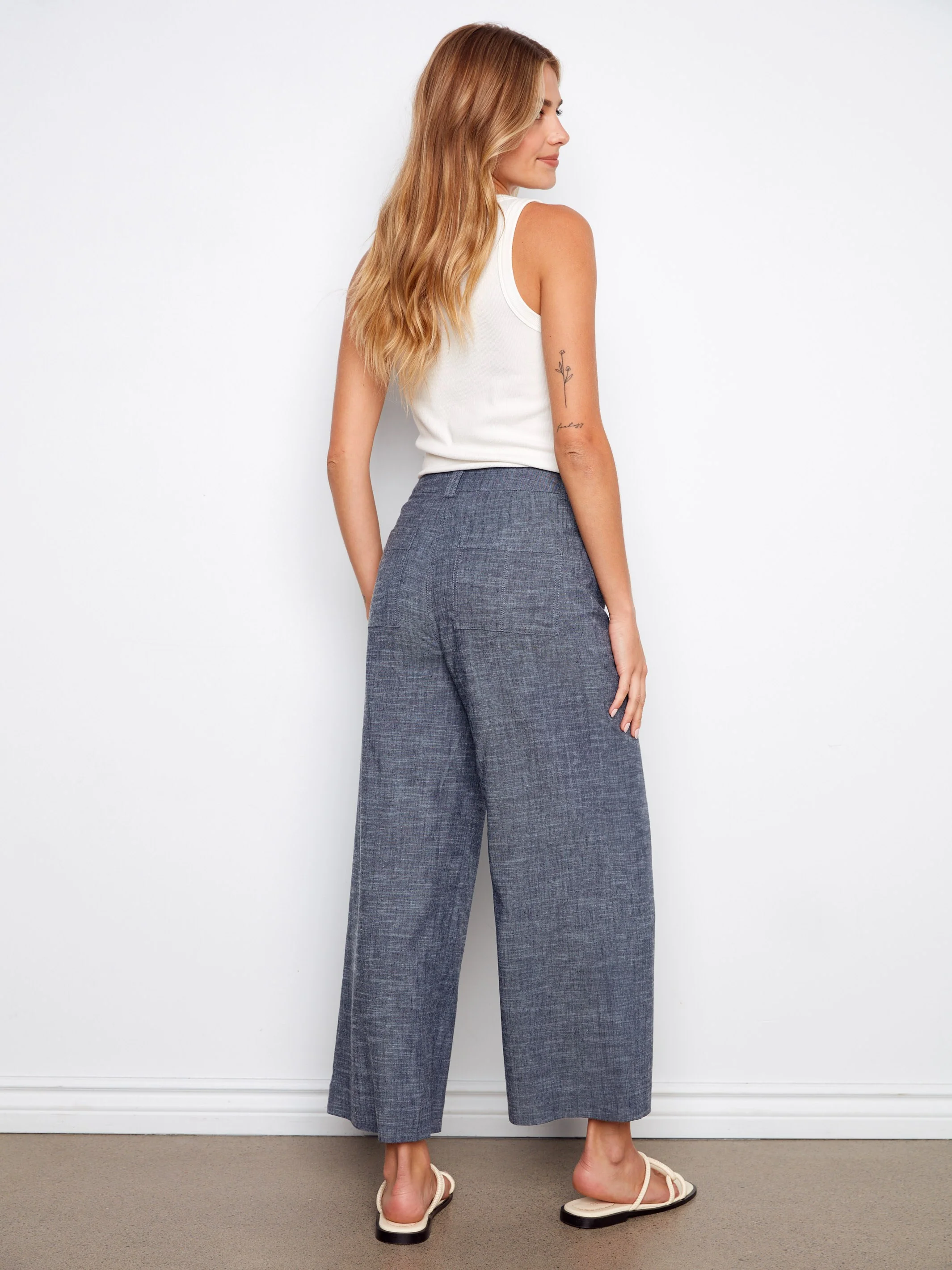 Stretch Linen Wide Leg Button-Front Pants - Indigo - Image 3